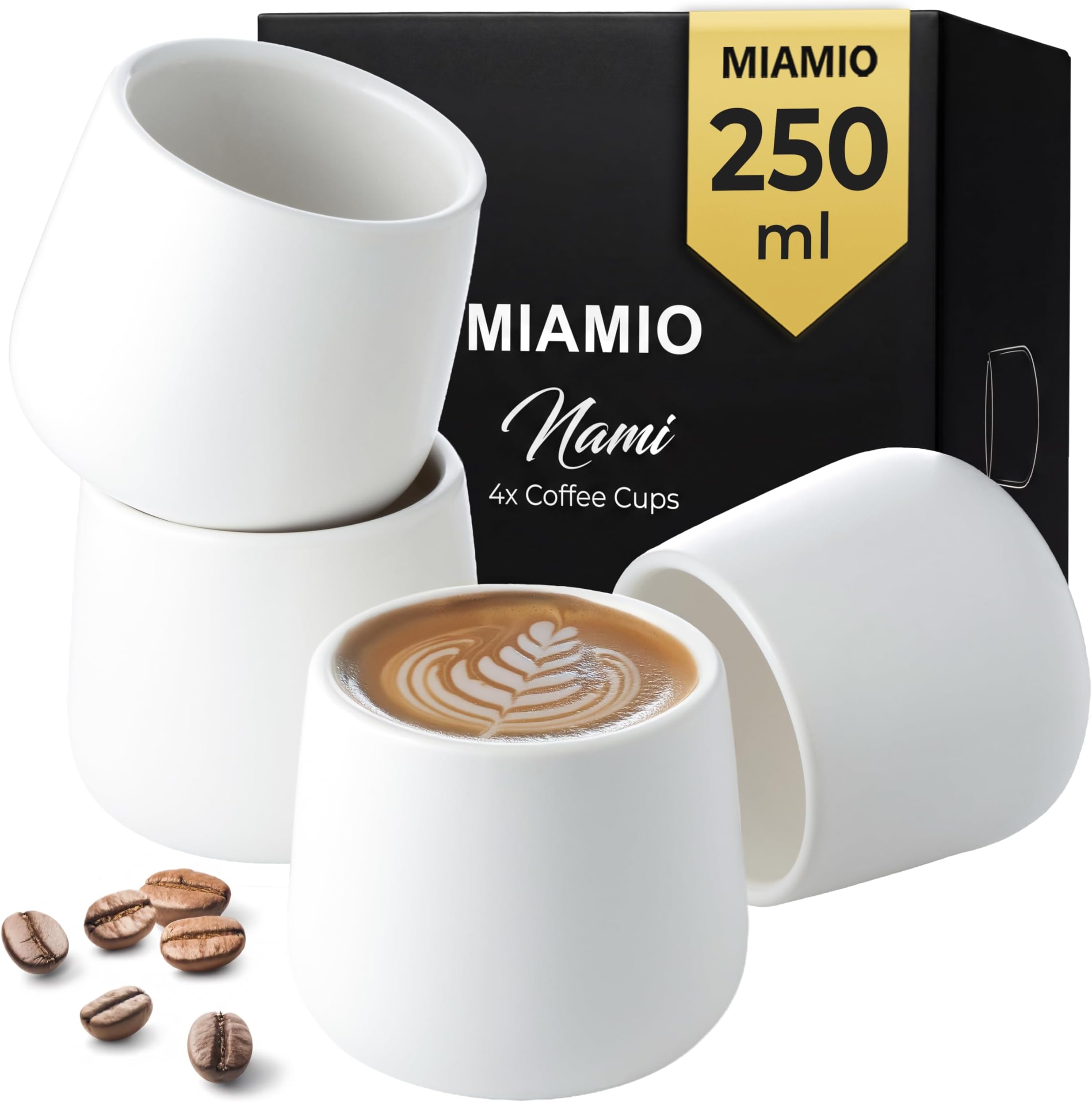 Ceramic Cup Set of 4 (250 ml) / Ceramic Cups without Handles/Coffee Mugs, Coffee Cups, Cappuccino Cups (White)
