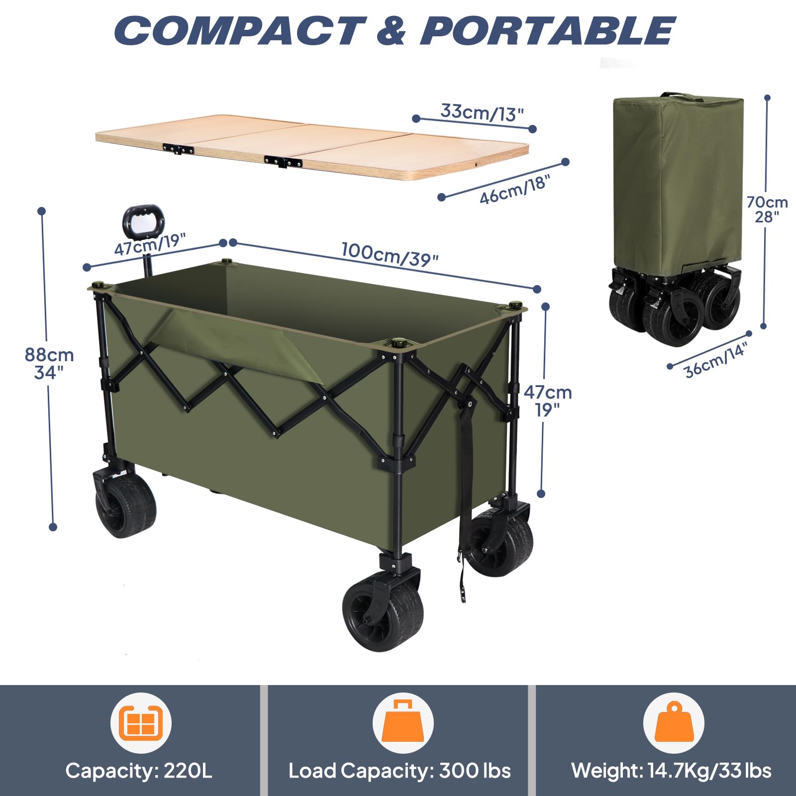 Chihee Chariot de Jardin Pliable Chariot Utilitaire,Chariot de Plage Pliant Capacité 220L,Très résistant Roues Tout Terrain Pochette surdimensionnée 1 Bureau pliable2 Porte-Boissons