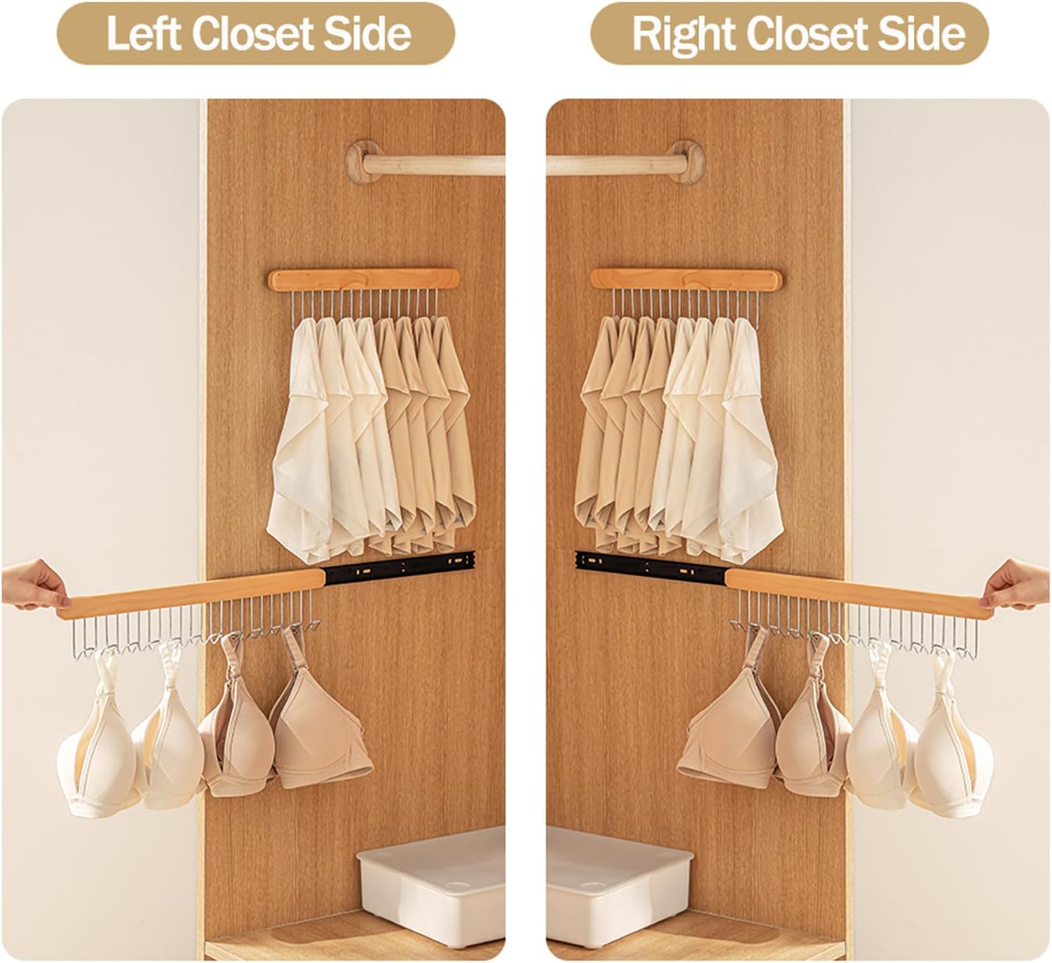 Pull Out Bra Hanger for Closet, Sliding Hooks Rack for Belt Ties Tank Top Scarf Jewelry, Space Saving Organizr for Wardrobe Cabinet, Left Side 12 Hooks Rail, 2 Pcs