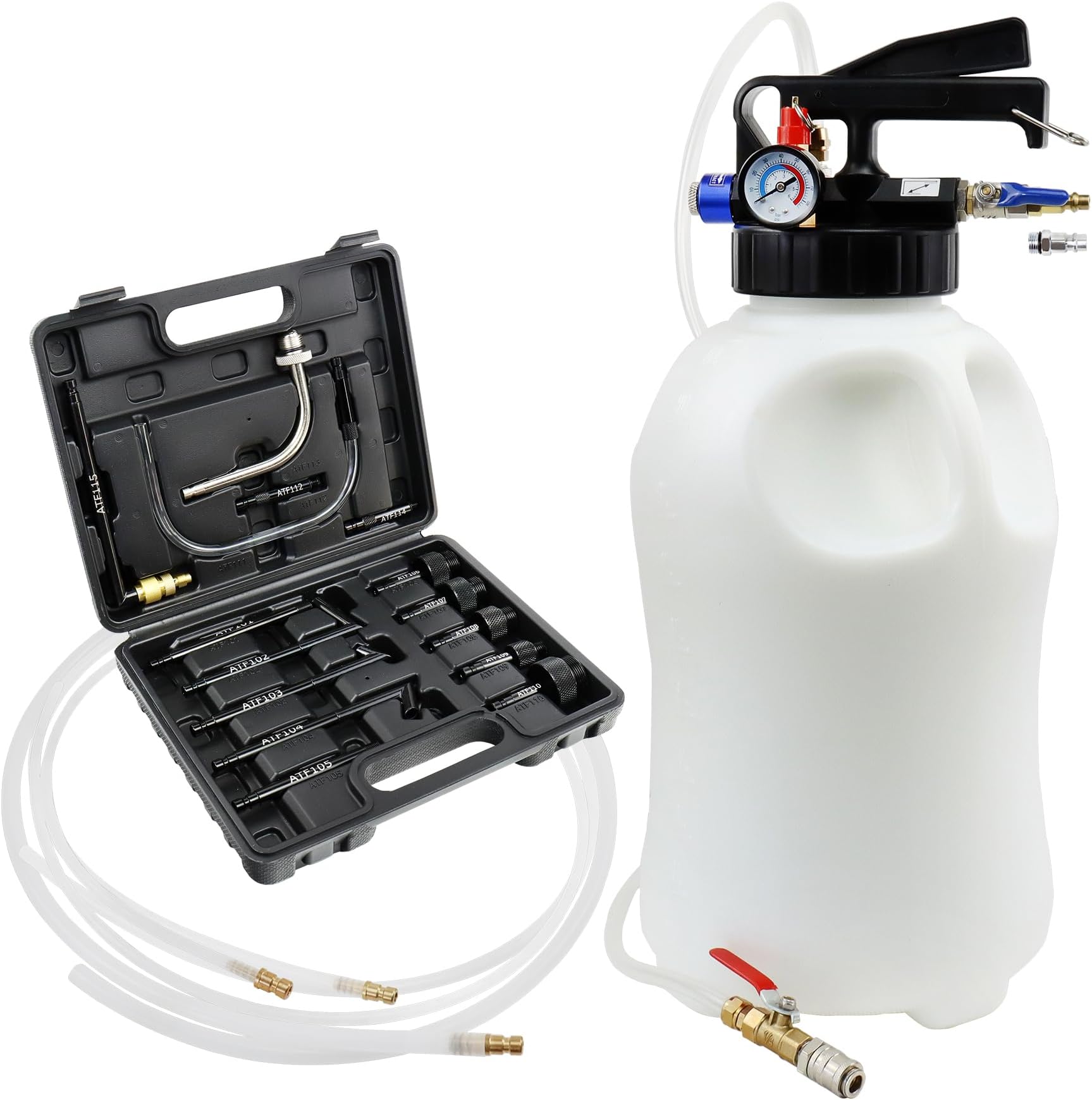 OMT 10 Liter Pneumatic Transmission Fluid Pump - Extractor & Dispenser With 15 Adapters, 40-170 PSI (Orion Motor Tech)
