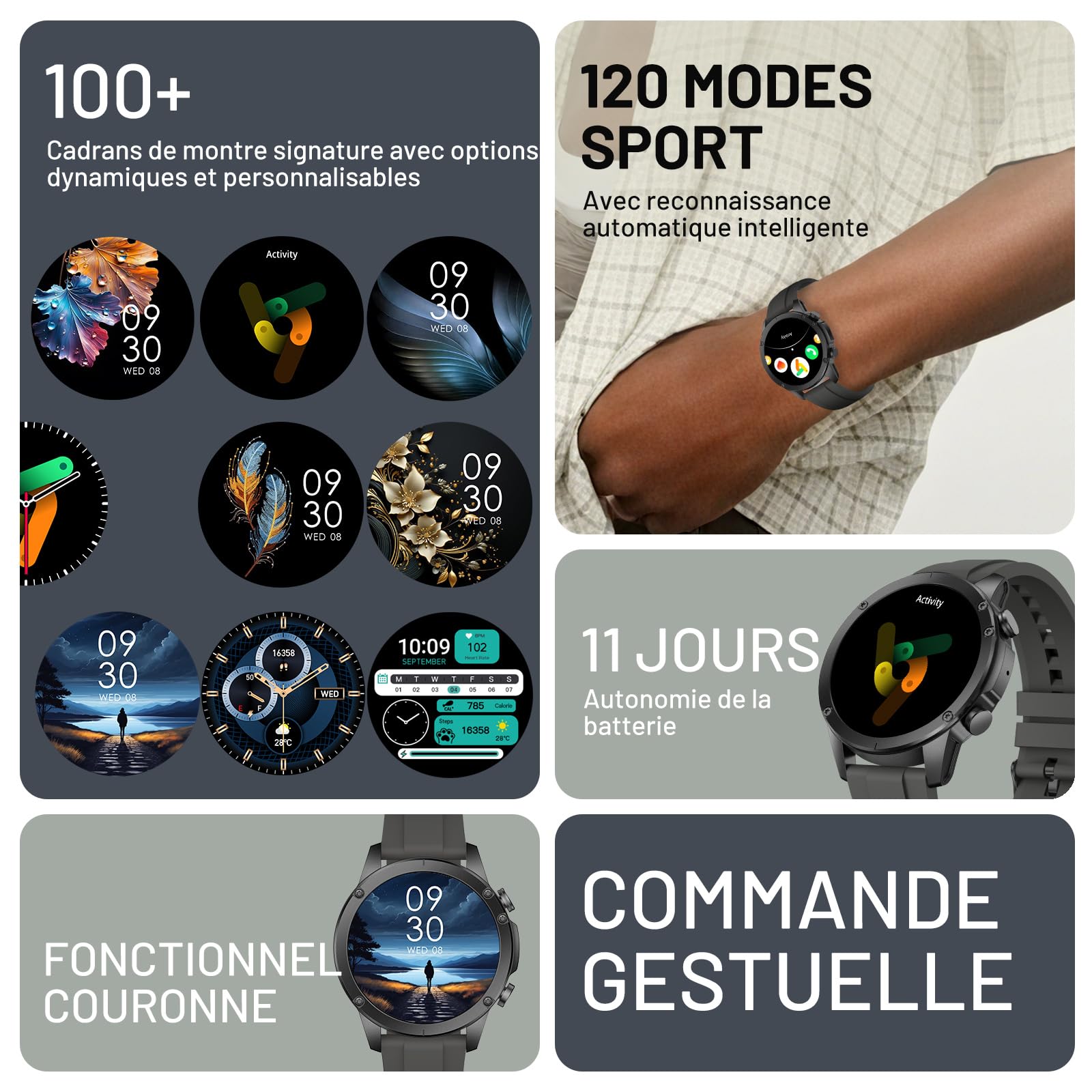 Montre Connectée Homme avec Appels Bluetooth, 1.43" AMOLED Smartwatch avec 120+ Modes Sportifs, Etanche IP68 Montre Connectee avec Podometre/Cardiofrequencemetre/Moniteur de Sommeil pour Android/iOS
