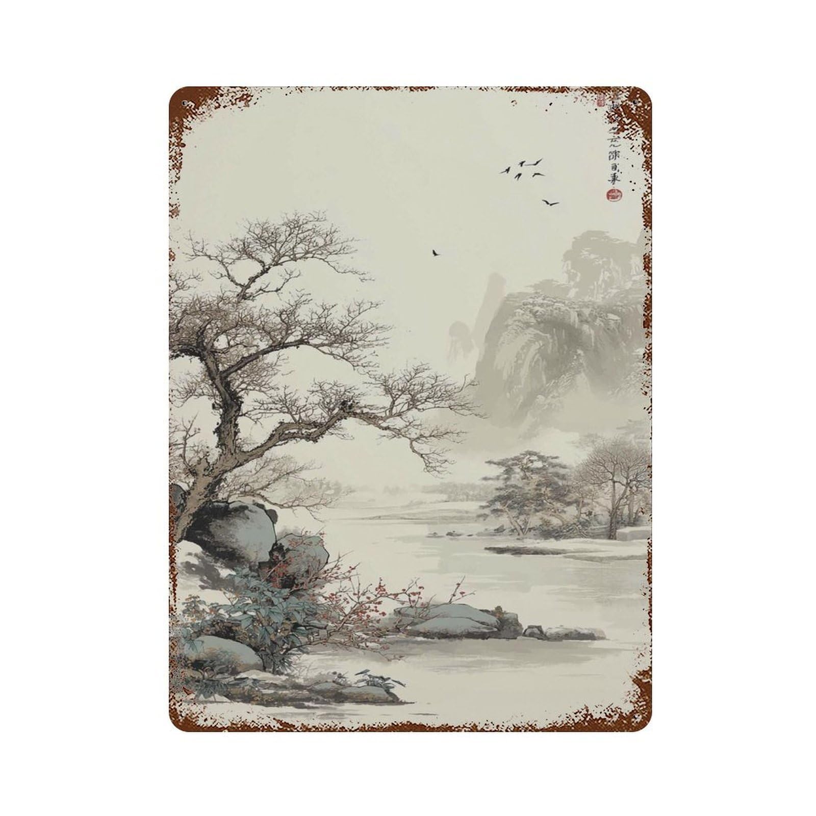 xiaoxiaoshen Asian Landscape Japanese Ink Painting Tranquil Mountain And River Scene Traditio Wall Decor Art Metal Tin Poster Modern Home Decor Art Home Bar Shop Decorations Vintage Sign 40x30cm