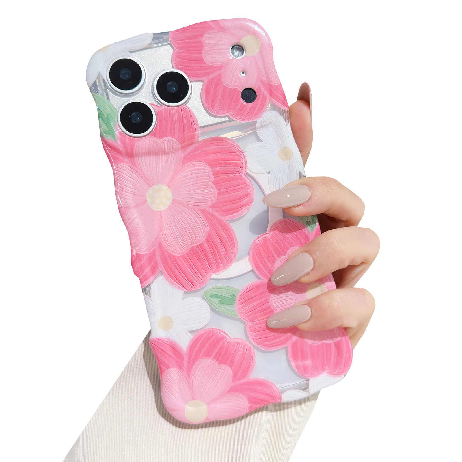 Magnetic for iPhone 17 Pro Max Case Floral Cute Clear Design Compatible with MagSafe Curly Wave Frame Aesthetic