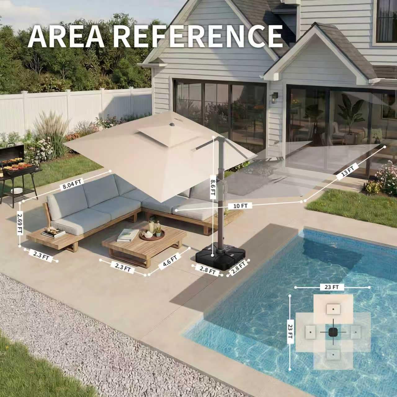 10 X 13 FT Cantilever Patio Umbrella with Led Lights and Base Included Outdoor Heavy Duty Double Top Rectangle Offset Umbrellas with 360-degree Rotation for Pool Deck Backyard, Beige