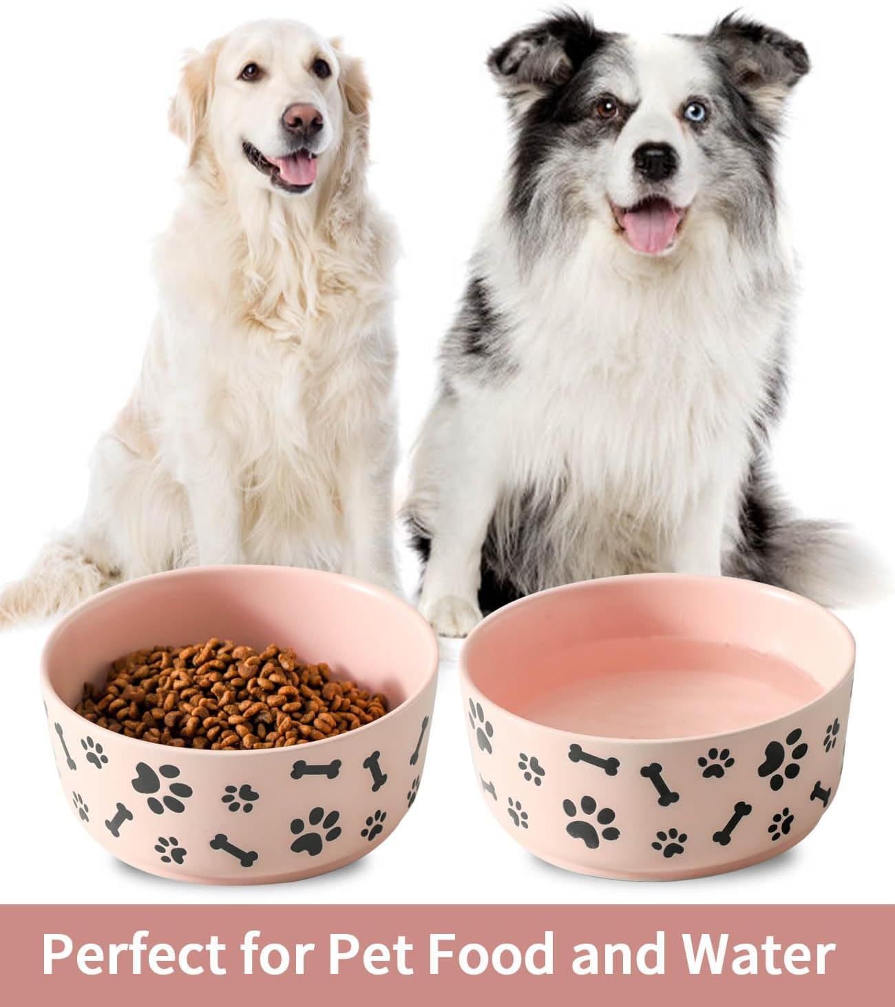 UBEE Ceramic Dog Bowl Set of 2, 6.5 inch Dog Food Bowl Dish with Bone Paw Pattern, Pet Food Water Dish Feeding for Small and Meidum Dogs and Large Cat, Pink