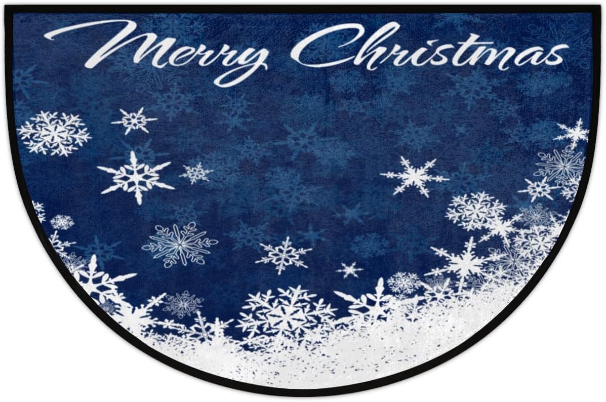 Christmas Xmas Blue Sonwflakes Half Round Doormat Washable Semi Circle Area Rug Non Slip Absorbent Half Moon Rug for Indoor Outdoor Bathroom Kitchen Living Room Fireplace Floor Mat