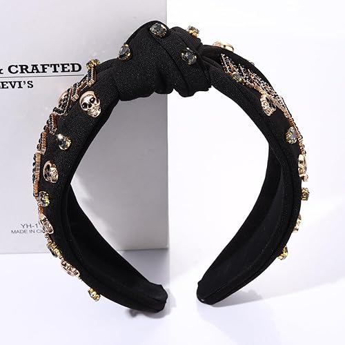 Vista 65 de Diademas de Halloween para mujer, diadema anudada con cuentas de truco o trato, diadema con nudo superior con diamantes de imitación, accesorio