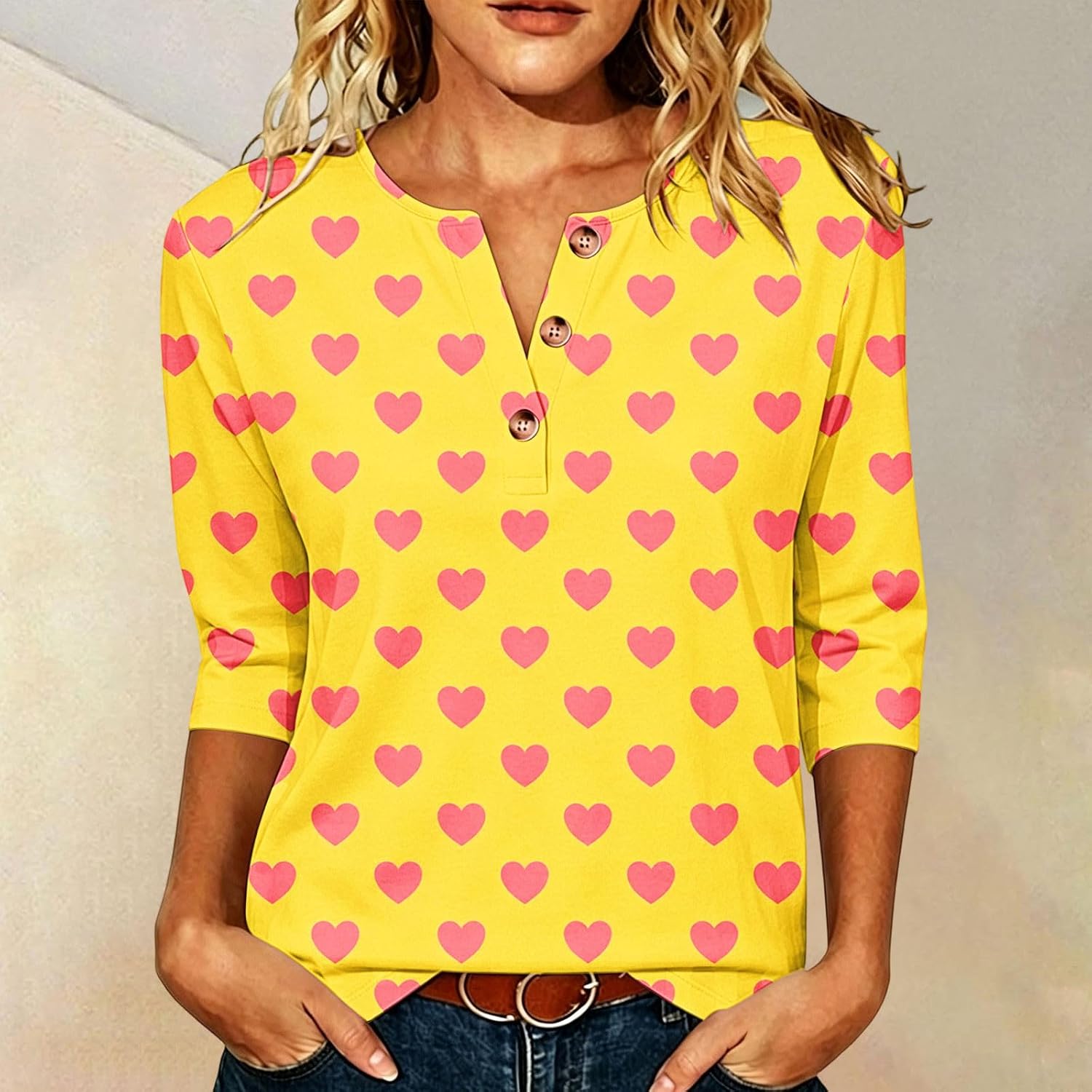 Women's V Neck Button T Shirts Casual 3/4 Sleeve Fashion Tops | Heart Printed Loose Tunic Blouses Flowy Lightweight Breathable Pullover Comfy Soft Travel Vacation Outfit