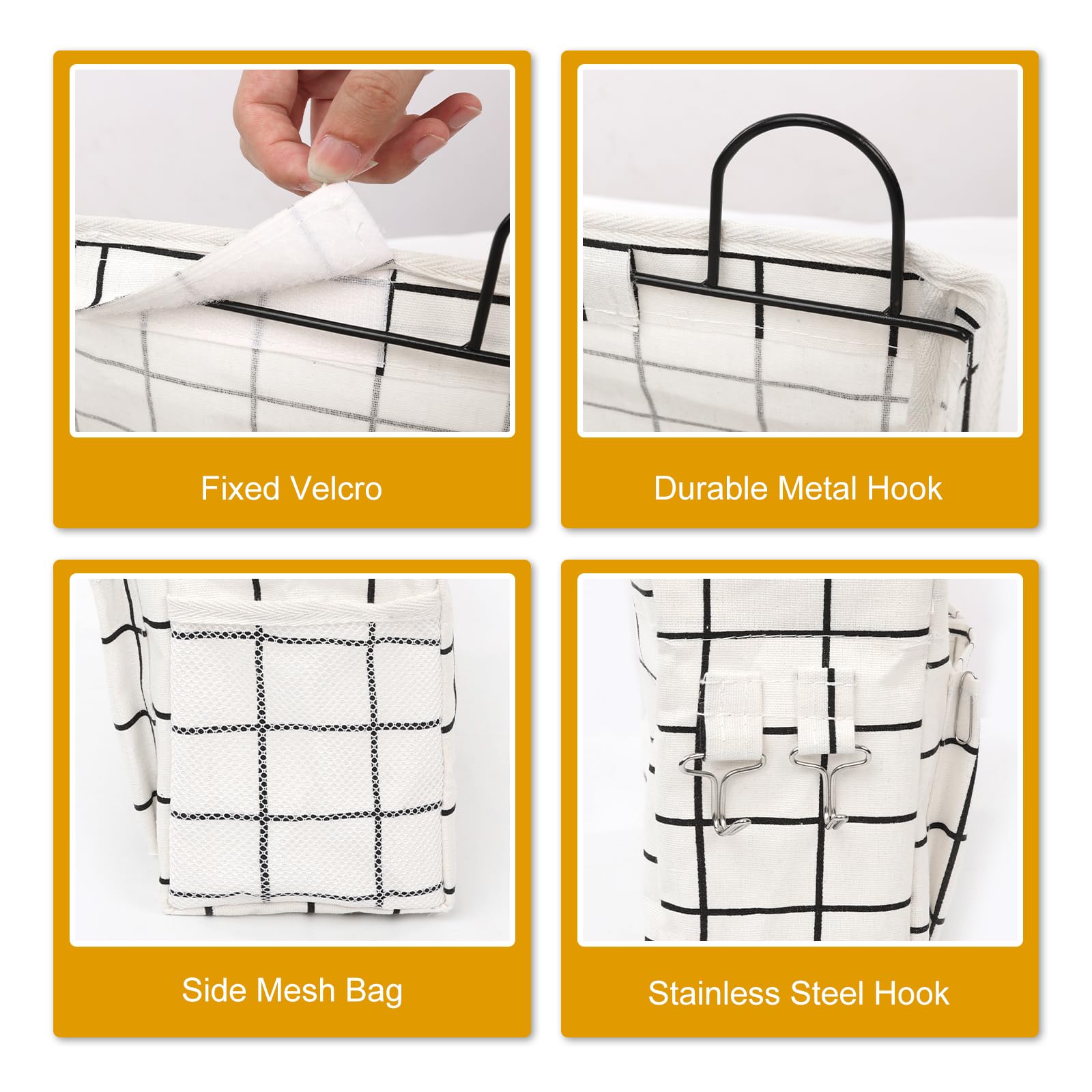 Bolsa de almacenamiento para colgar en la pared con gancho adhesivo, cestas de almacenamiento colgantes para armario con bolsillos, caja organizadora de algodón de lino impermeable para baño, 3