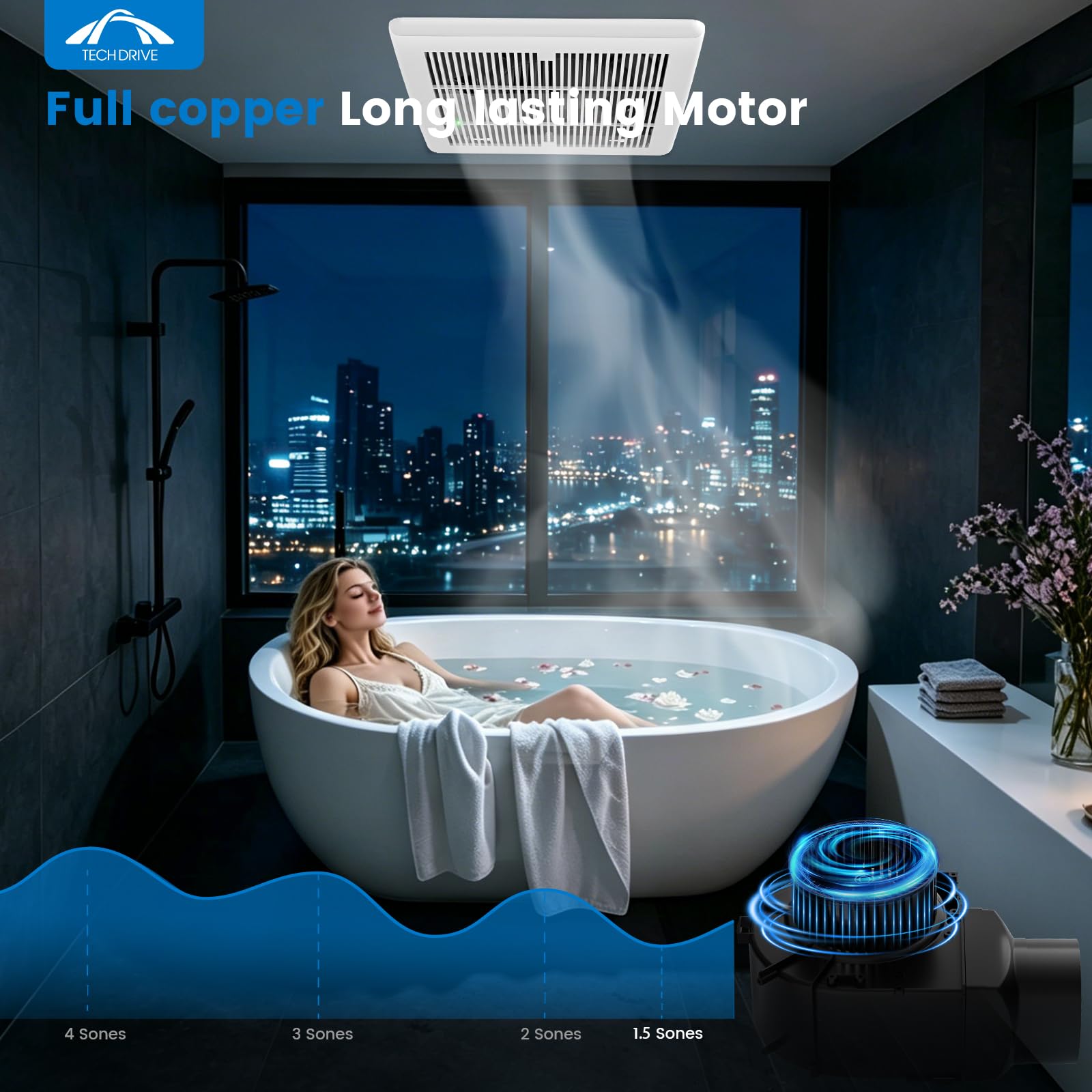 Tech Drive Ventilatore da bagno 110 CFM, 1.2Sone Nessun accesso alla soffitta Necessario Installazione, Ventilazione del bagno molto silenziosa e ventilatore di scarico, Ventilatore montato a