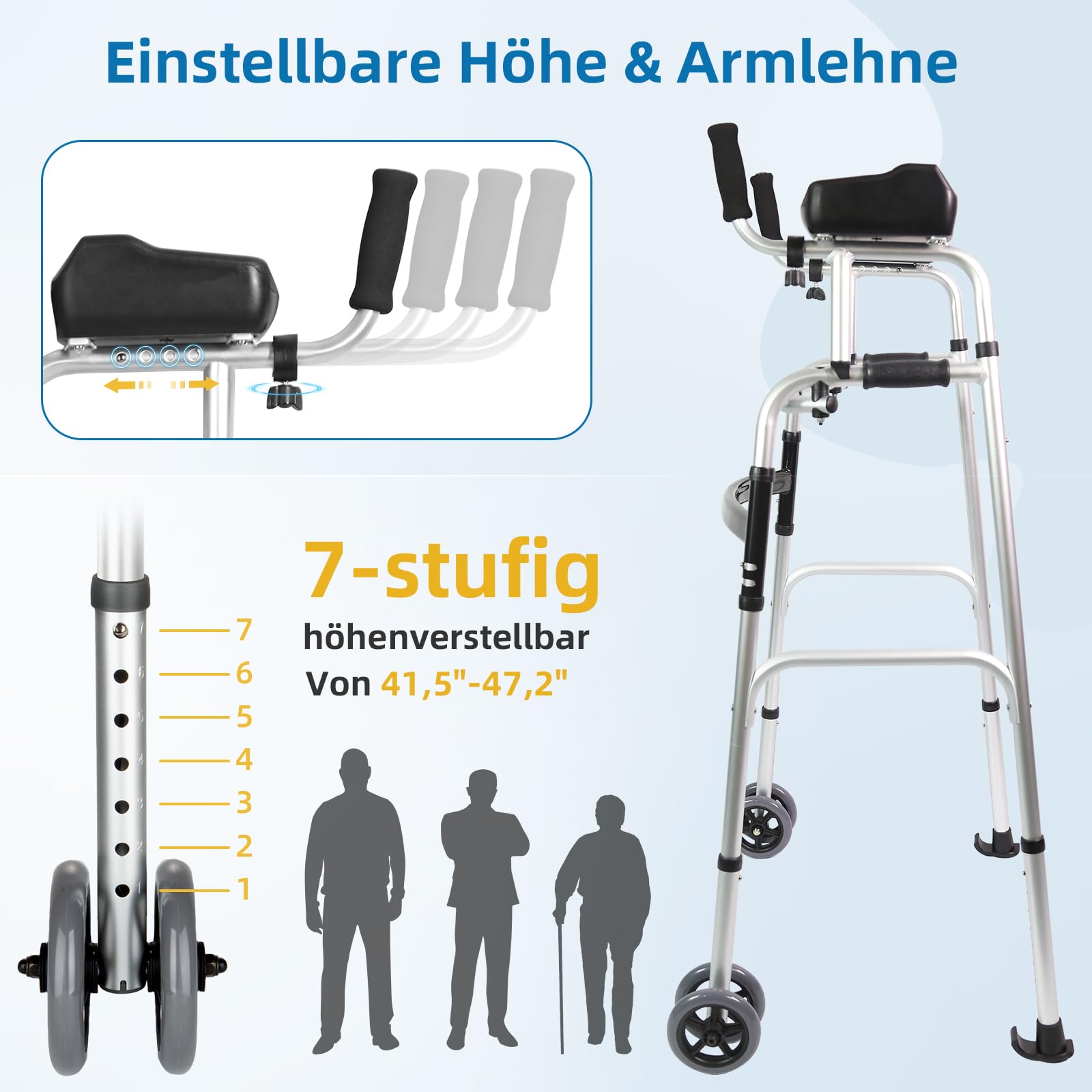 Höhenverstellbarer Gehwagen Gehhilfe für Senioren mit Armauflage - Aufrechter Rollator mit Doppelrollen, faltbar & leicht aus Aluminium,Gehhilfe mit Tasche, Height Adjustable Aluminum Walking Aids