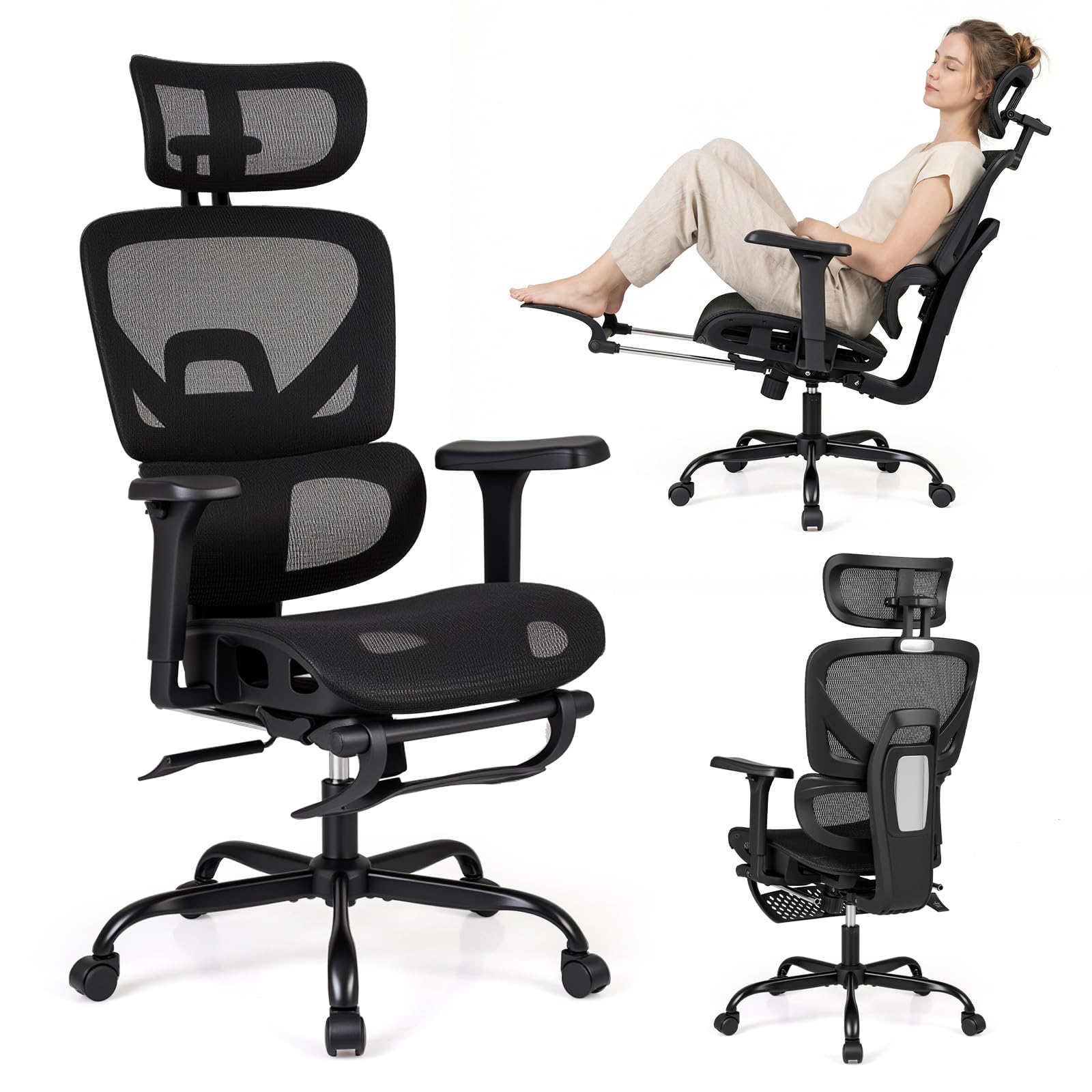 COSTWAY Silla Ergonomica Escritorio con Reposapiés, Silla de Oficina, Reposabrazos 3D, Soporte Lumbar Dinámico, Reposacabezas Ajustable, Cadeira Escritorio de Malla, Altura Ajustable