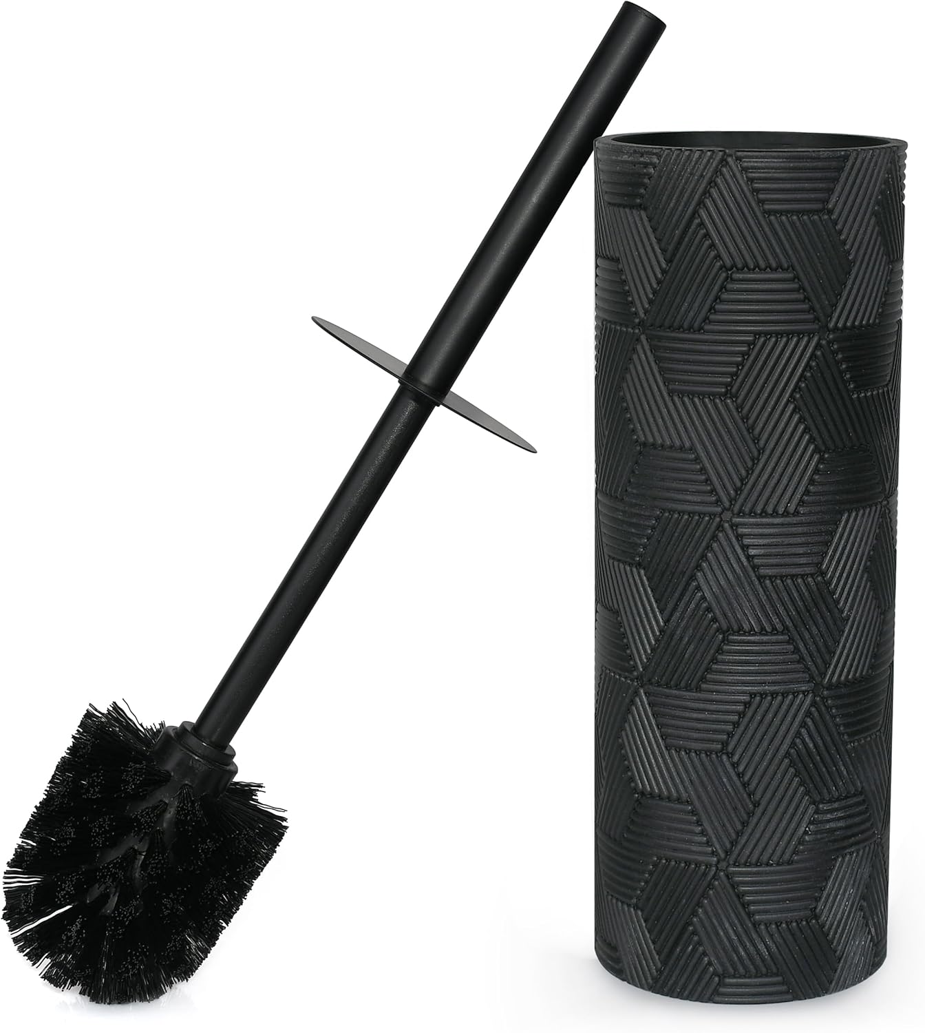 Matte Black Geo Design Resin Toilet Bowl Holder and Brush Set, Stylish Geometric Design with Durable Bristles, Compact and Modern