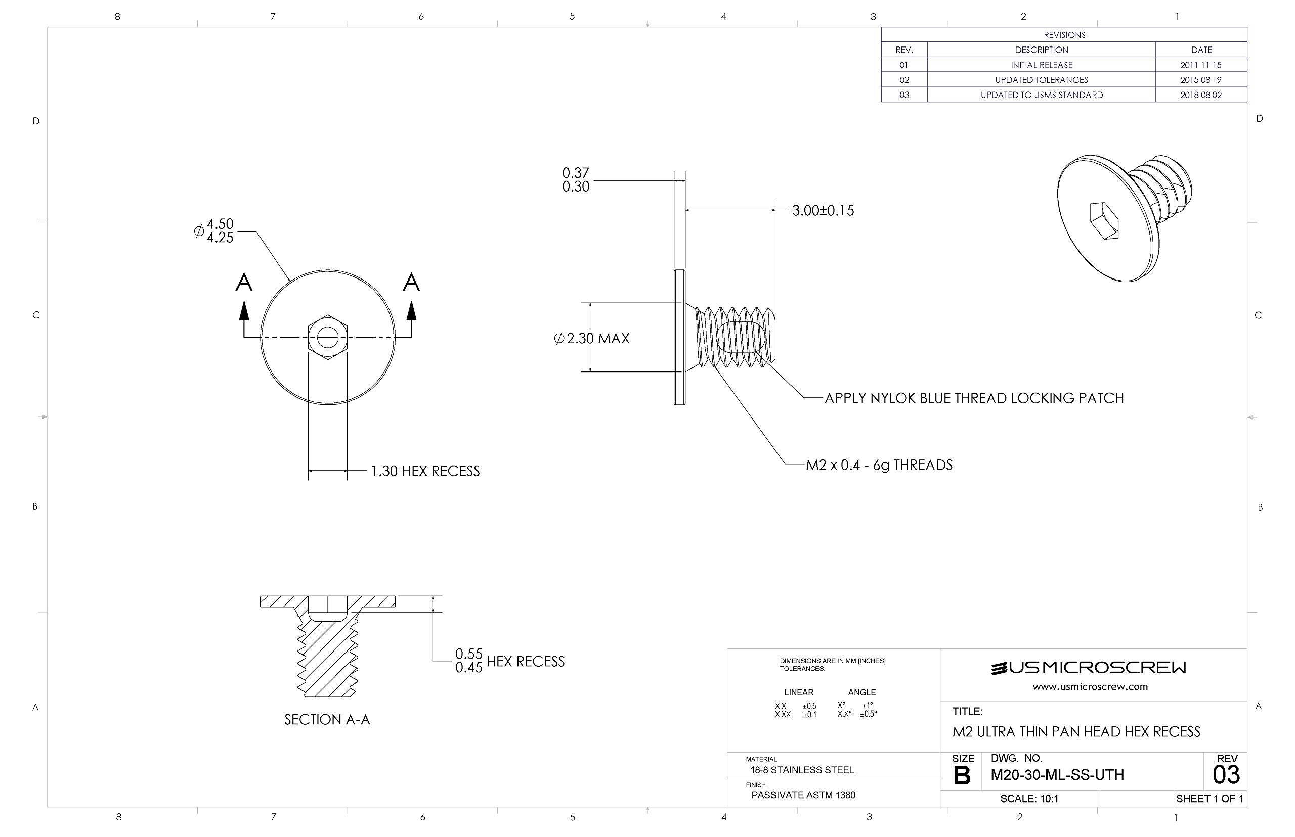 M2-0.4 X 3mm Machine Screw with Thread Lock Stainless Steel Ultra Thin Head Hex Recess Drive (100 Pcs) - M20-30-ML-SS-UTH