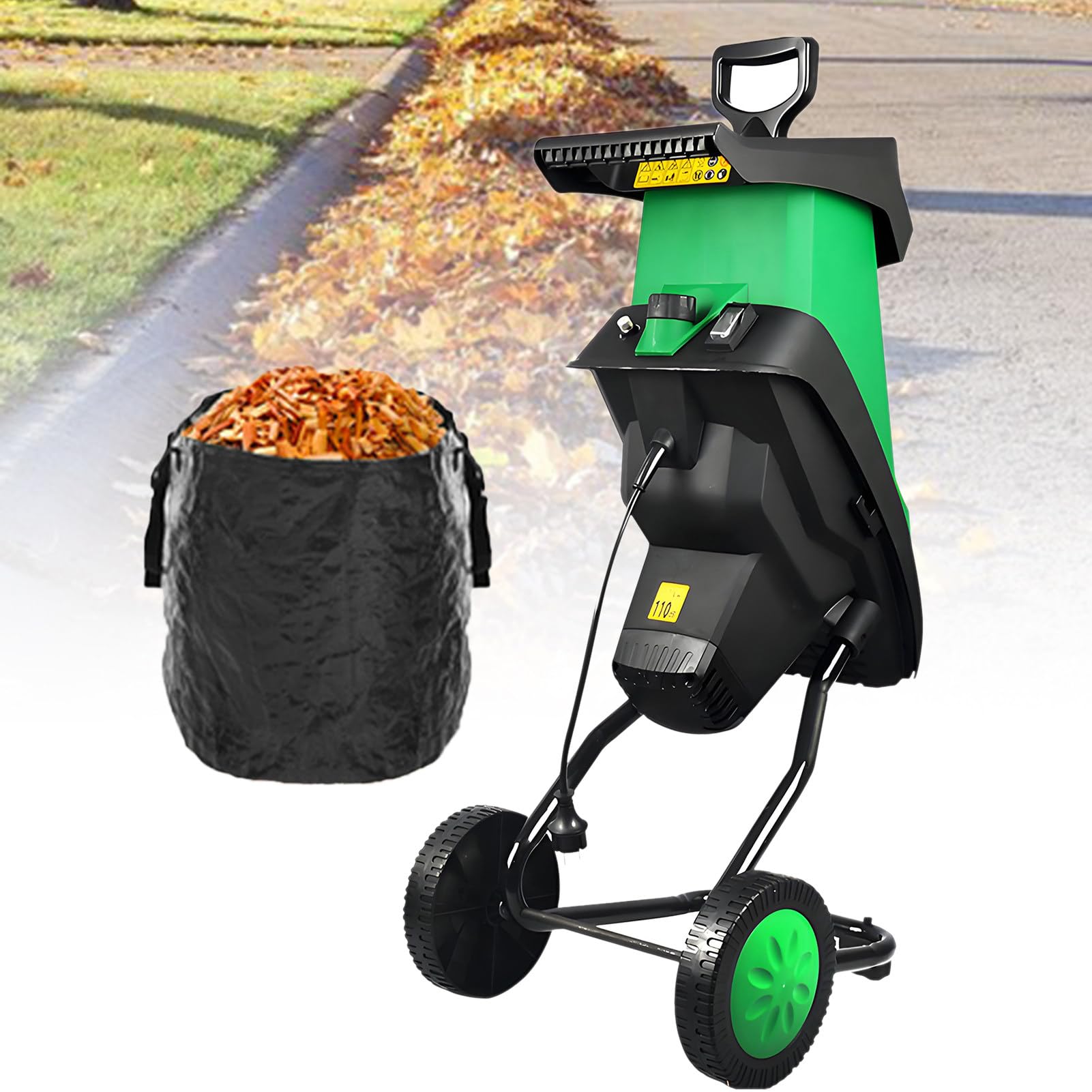 Trituradora eléctrica de madera con ruedas y bolsa de recogida para césped, jardín, patio y residuos