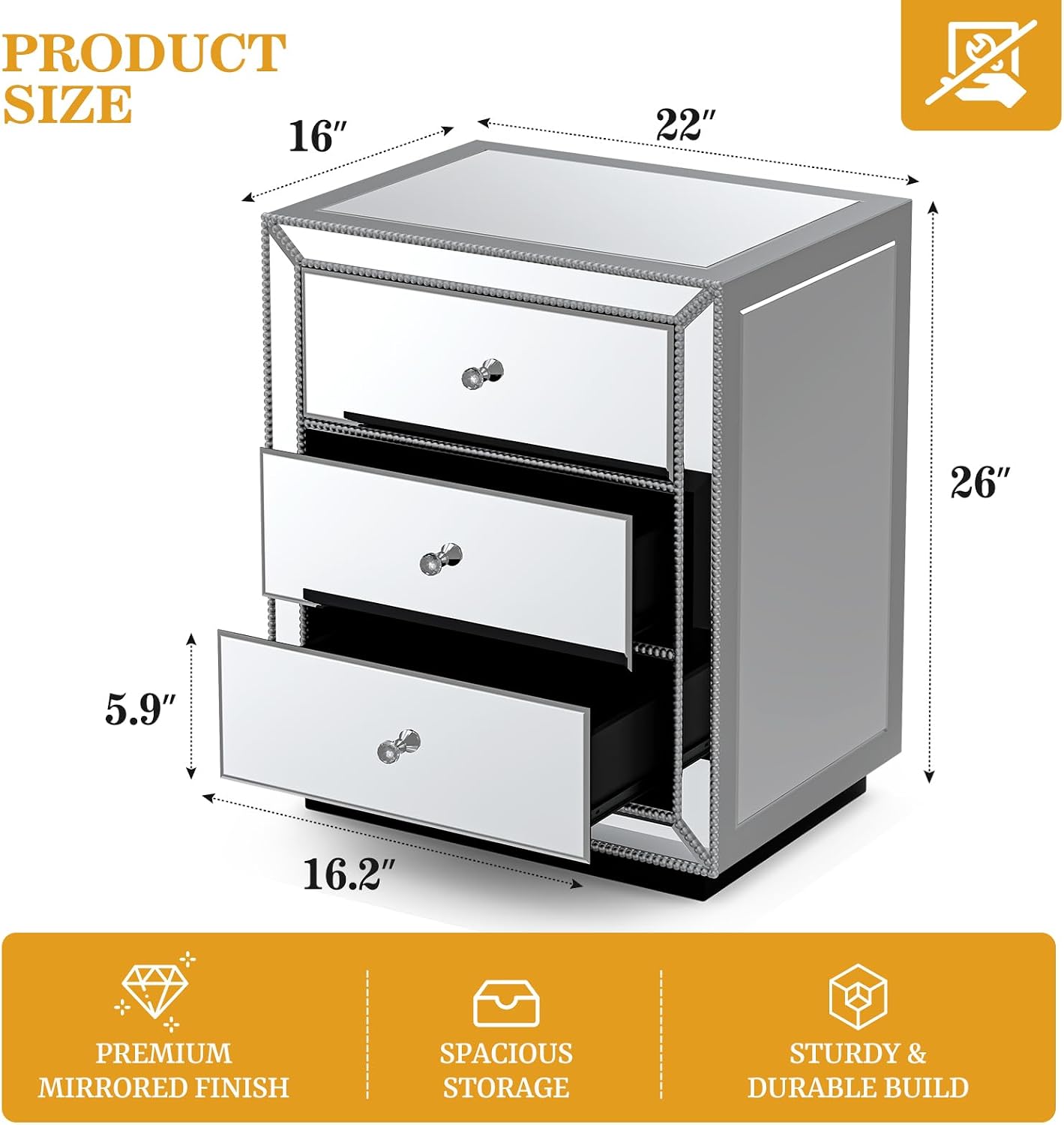 IKIFLY Mirrored Nightstand Bedside Table with 3 Drawers, Silver Modern End Table with Crystal Handle, Mirrored Side Table for Living Room, Bedroom