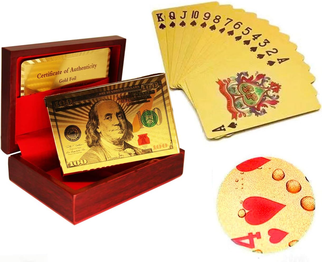 Mahogany Wooden Gift Box Case Holder and Luxury 24k Gold Plated Waterproof Playing Cards Poker,1 Deck for Poker Magic Trick,Poker Game,Texas,Decoration,Collection,Gift for Family