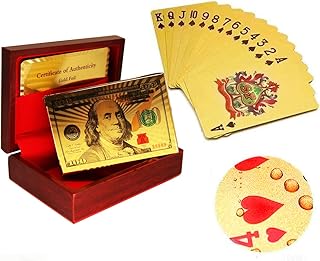 Yuiviot Mahogany Wooden Gift Box Case Holder and Luxury 24k Gold Plated Waterproof Playing Cards Poker,1 Deck for Poker Magic Trick,Poker Game,Texas,Decoration,Collection,Gift for Kids Family