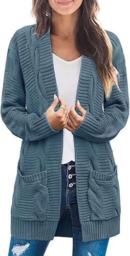 MEROKEETY - Suéter de manga larga para mujer, cárdigan de punto trenzado, frente abierto, para otoño, con bolsillos