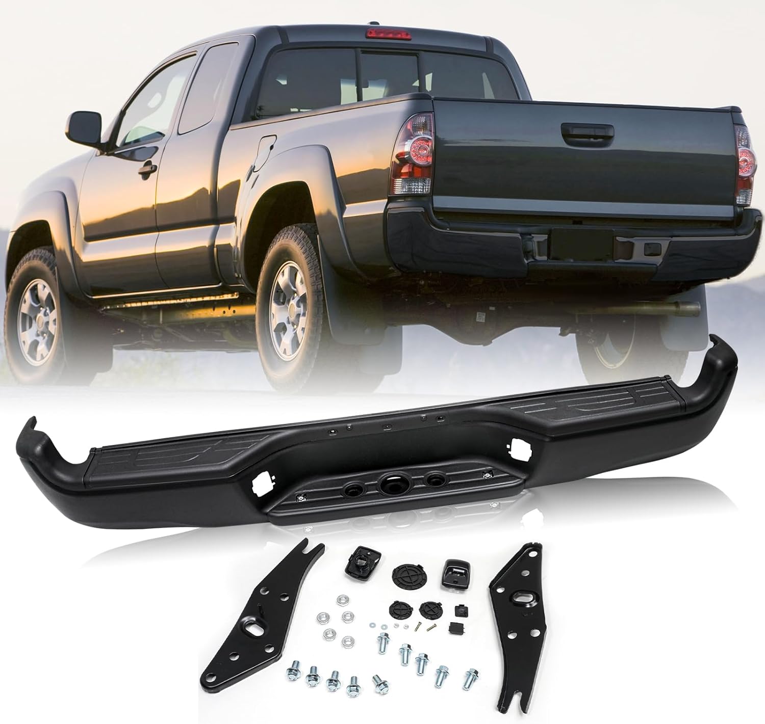 JSBOYAT Black Rear Bumper Assembly Compatible with 2005-2015 Toyota Tacoma Back Step Bumper with Pads Anti- Rust One Package TO1103114
