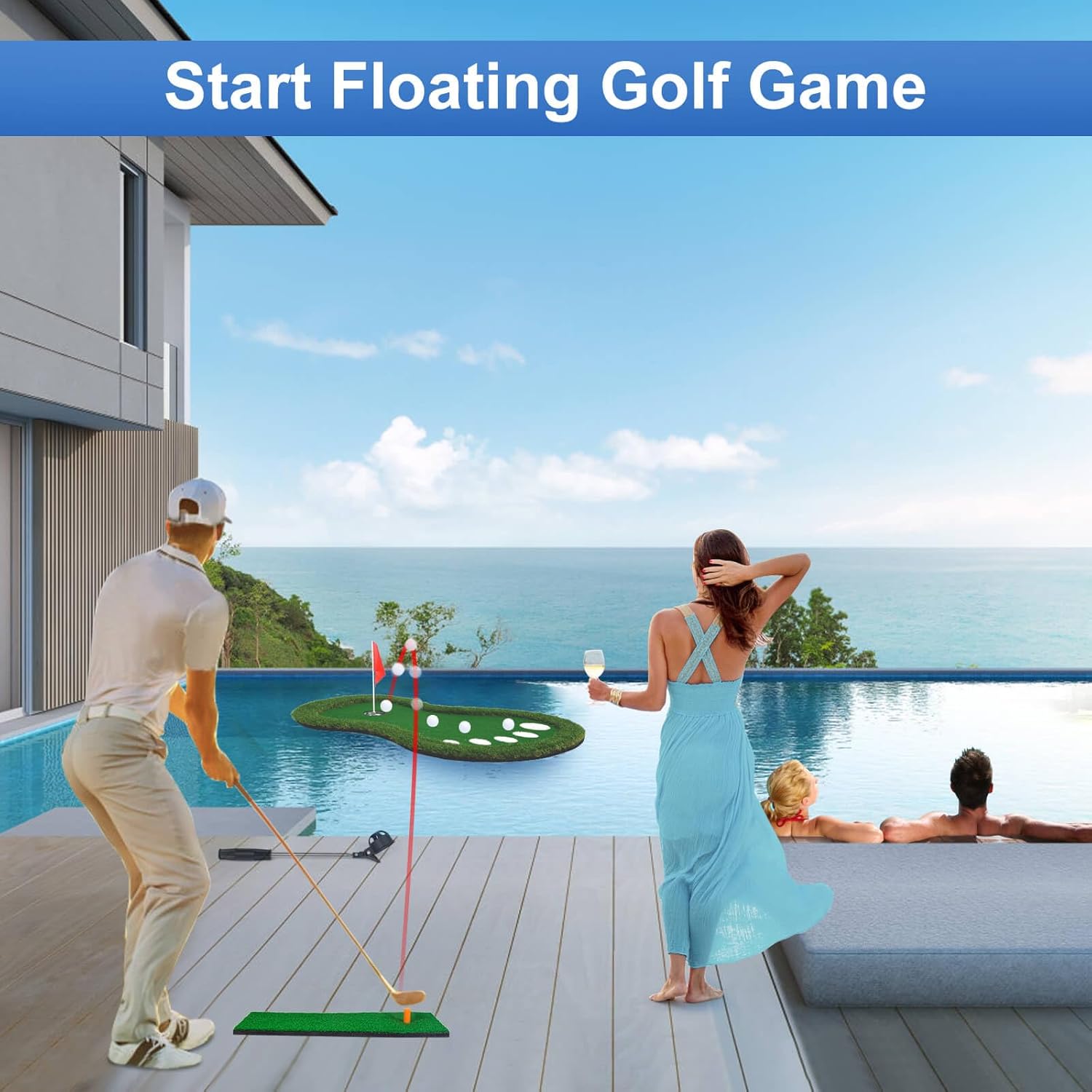 Floating Golf Green for Pool, Floating Chipping Green Mat with Ball Retriever for Pool/Lake, No Drifting Floating Golf Putting Turf Game Set for Golfers