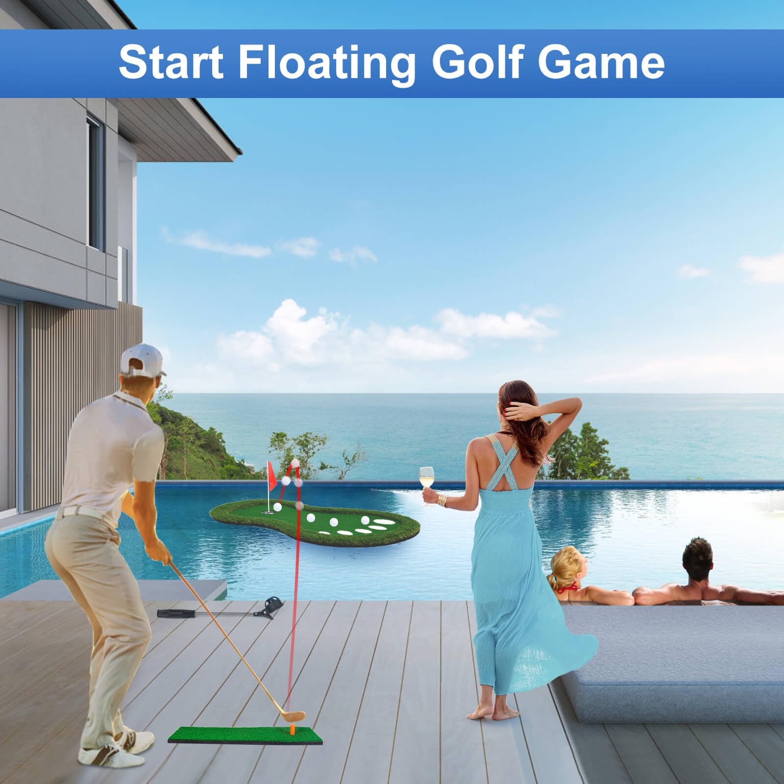Tapis de golf flottant vert pour piscine, tapis vert flottant avec récupérateur de balles pour piscine/lac, jeu de golf flottant pour golfeurs