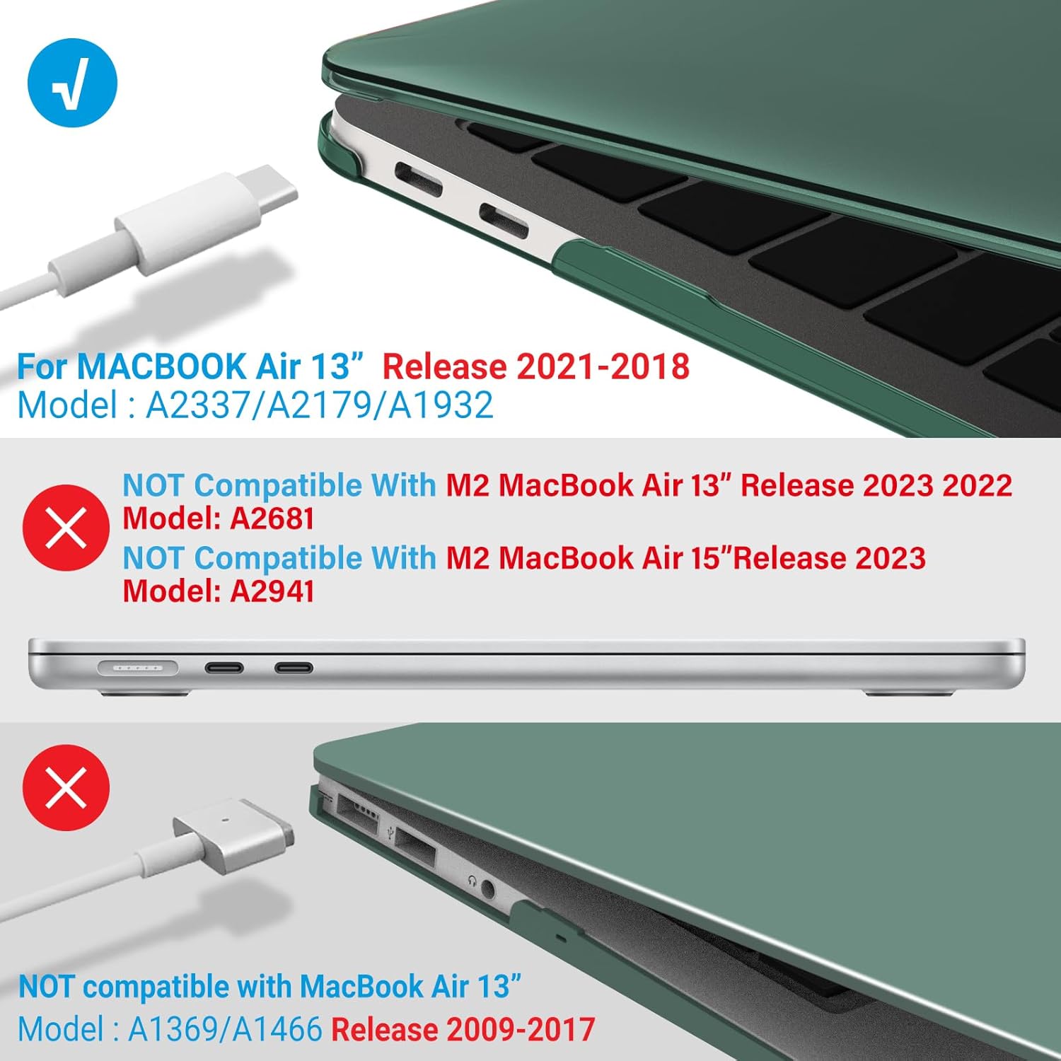 IBENZER Compatible with New MacBook Air 13 inch Case 2022 2021 2020 M1 A2337 A2179 A1932, Hard Shell Case & Sleeve & Keyboard Cover & Type C for Mac Air 13 with Touch ID, Midnight Green, MAT13-MTGN+3A