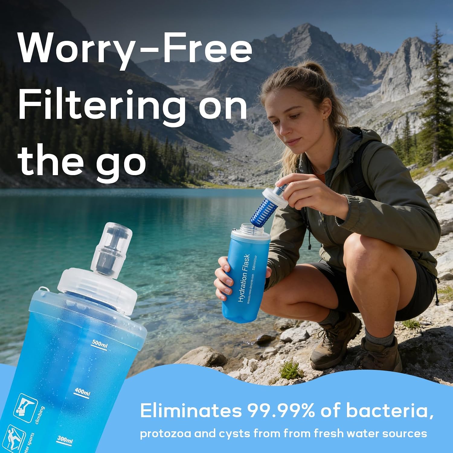 700ml Soft Flask Water Bottle, Collapsible Water Bottle with Filter, Perfect for Hiking, Backpacking, and Camping - Blue