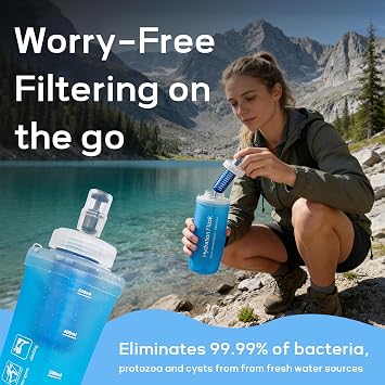 500ml Soft Flask Water Bottle, Collapsible Water Bottle with Filter, Perfect for Hiking, Backpacking, and Camping - Blue