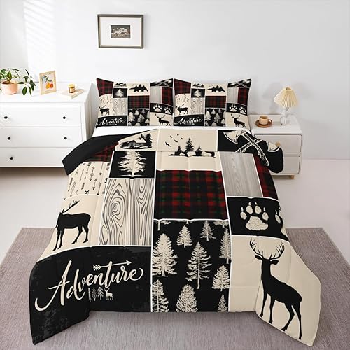 Erosebridal Juego de ropa de cama retro navideño estilo cabaña, colcha rústica, mosaico estilo lodge, juego de edredón con estampado de vida