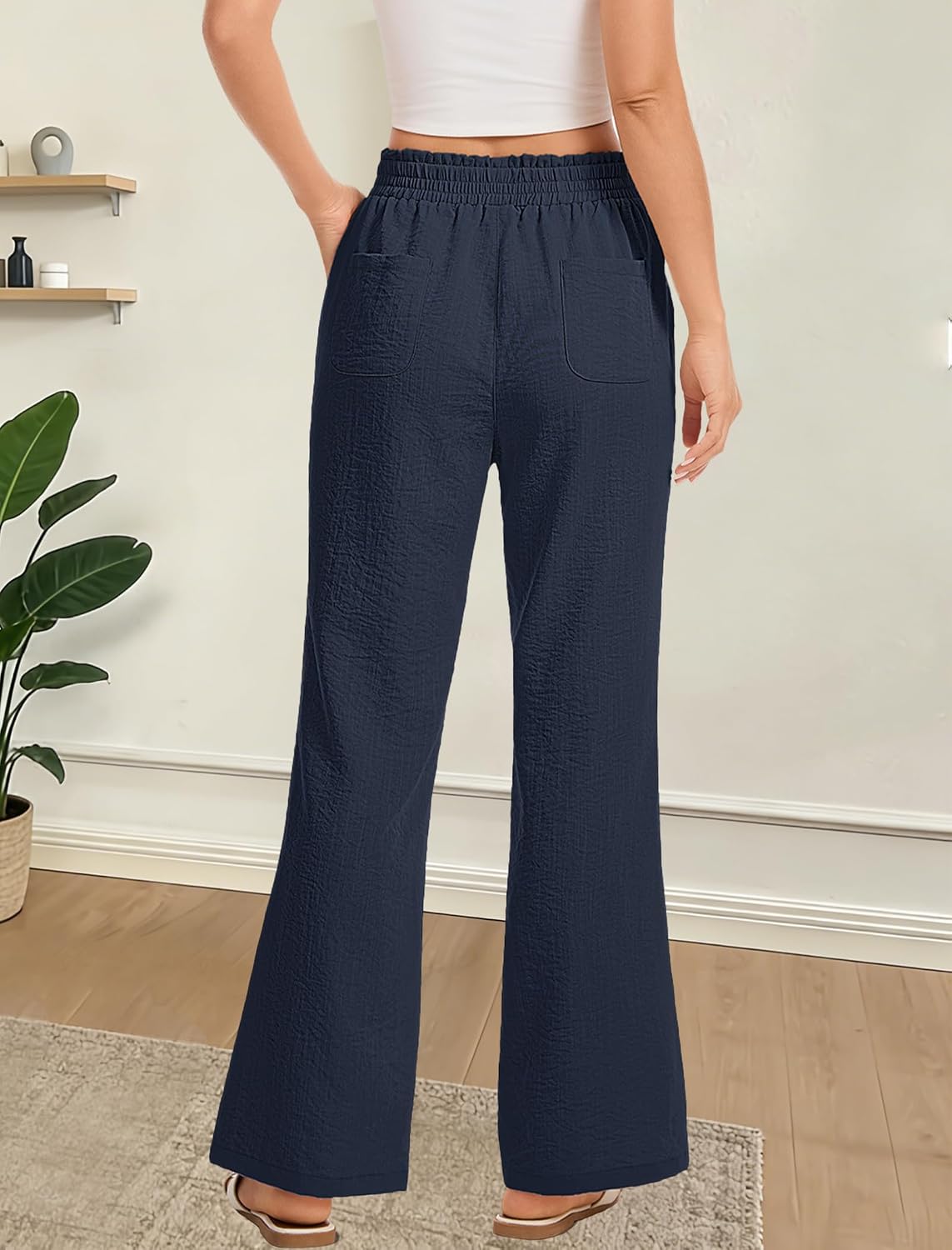 Women's Summer Casual Pants Lightweight Elastic Waist Trousers Straight Leg Loose Beach Slacks with Pockets
