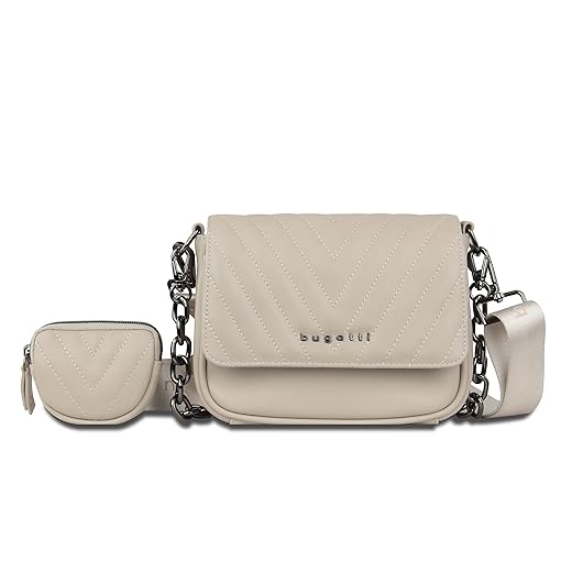 bugatti Sira Schultertasche für Damen, edle Umhängetasche mit Kette in Beige