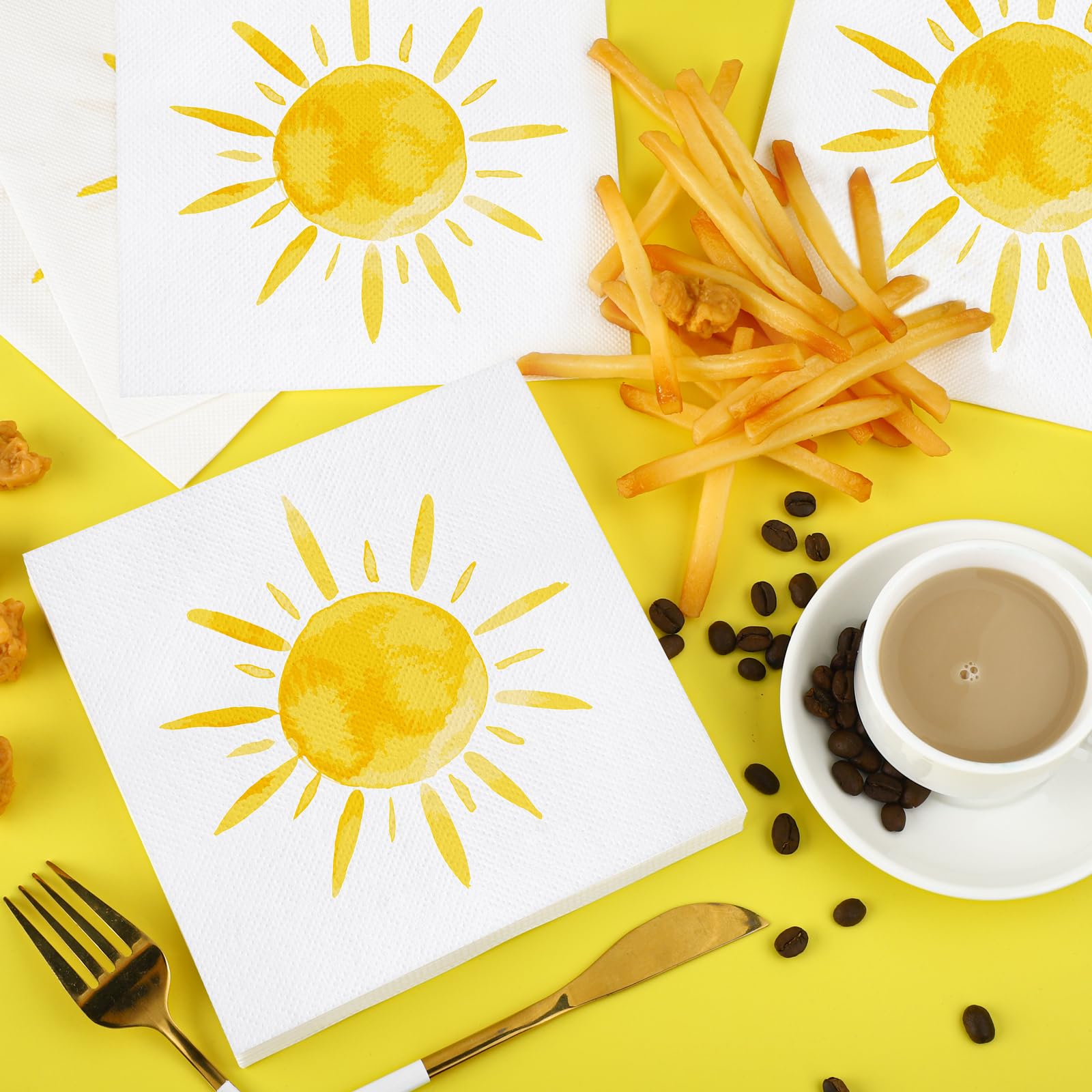 Aodaer Lot de 48 serviettes jetables en papier pour décoration d'anniversaire, cocktail, dîner, 33 x 33 cm, serviettes de table dépliées pour fête d'anniversaire au soleil