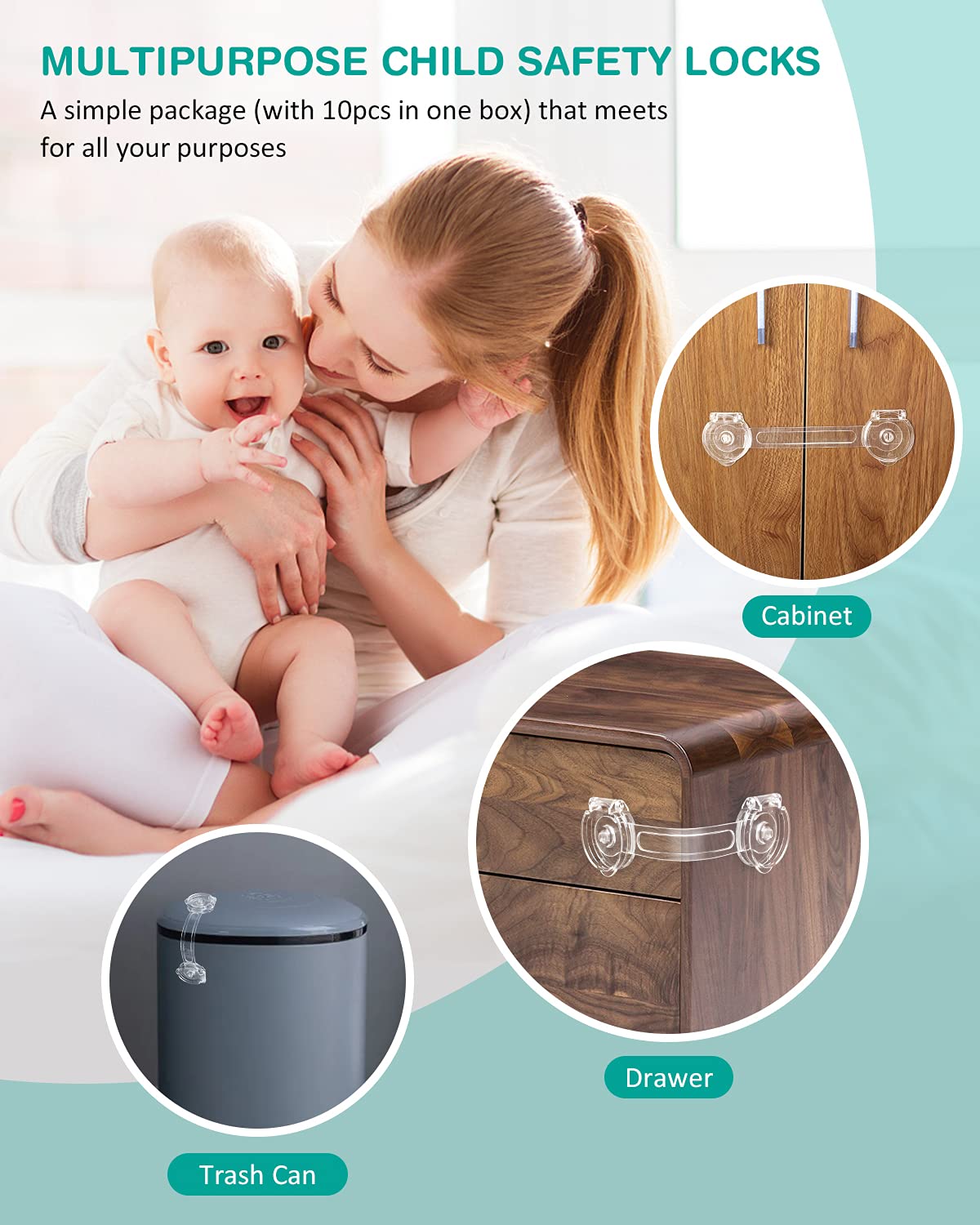 DOYQIO - Serrature di sicurezza per bambini, confezione da 10, senza viti e magneti, per frigoriferi, frigoriferi, a prova di bambino, per armadi da cucina e cassetti