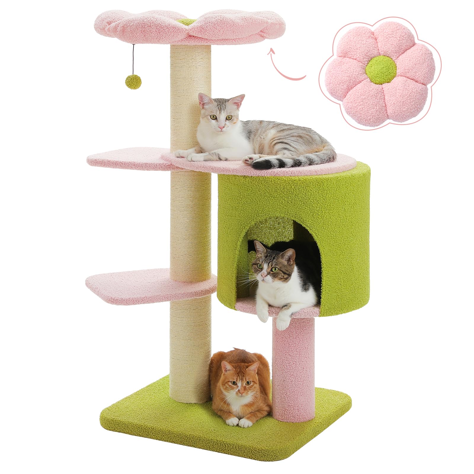 UYMI Flower 50-Inch Heavy-Duty Cat Tree for Large Cats - Sturdy Cat Tower with Extra-Thick Scratching Posts (φ4.3), Spacious Condo, 2-Layer Baseboard