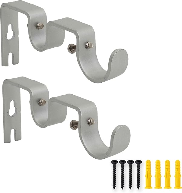AddGrace 2 PCS Double Curtain Rod Bracket Heavy Duty Vintage Curtain Rod Holder for 1" and 5/8" Rod (Silver)