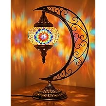 Hortsun Turkish Lamp Moon Shaped Moroccan Lamp Turkish Mosaic Stained Glass Table Light with Bronze Base Colorful Moroccan Globe Light for Decorative Home Designs