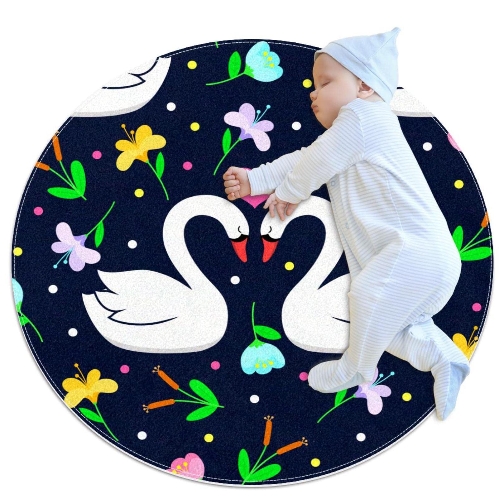 Tapis Rond Fleurs Swan Love chambre coucher salon 100x100cm