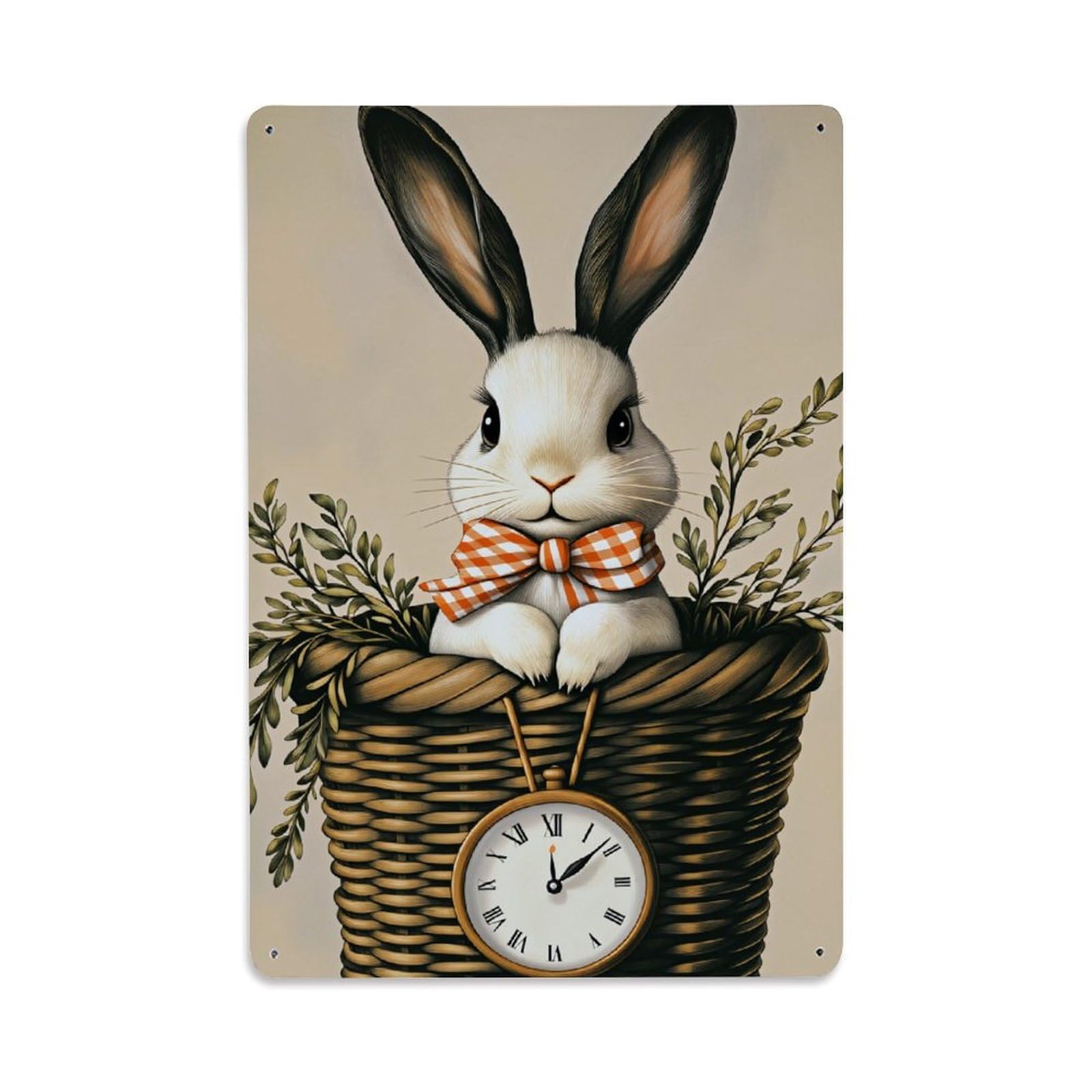 Enderetf Vintage Rabbit Basket Clock Bow Tie Tin Sign Metal Poster, Home Bar Garage Man Cave Cafe Indoor & Outdoor Wall Decoration 8X12inches