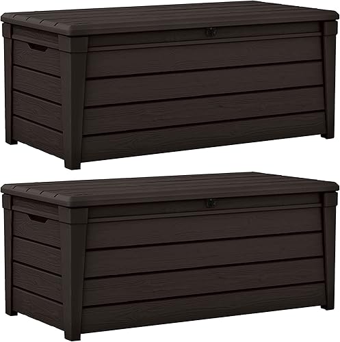 Keter Brightwood - Banco de almacenamiento de resina resistente a la intemperie de 120 galones para todo tipo de clima, para patio, porche, jardín,