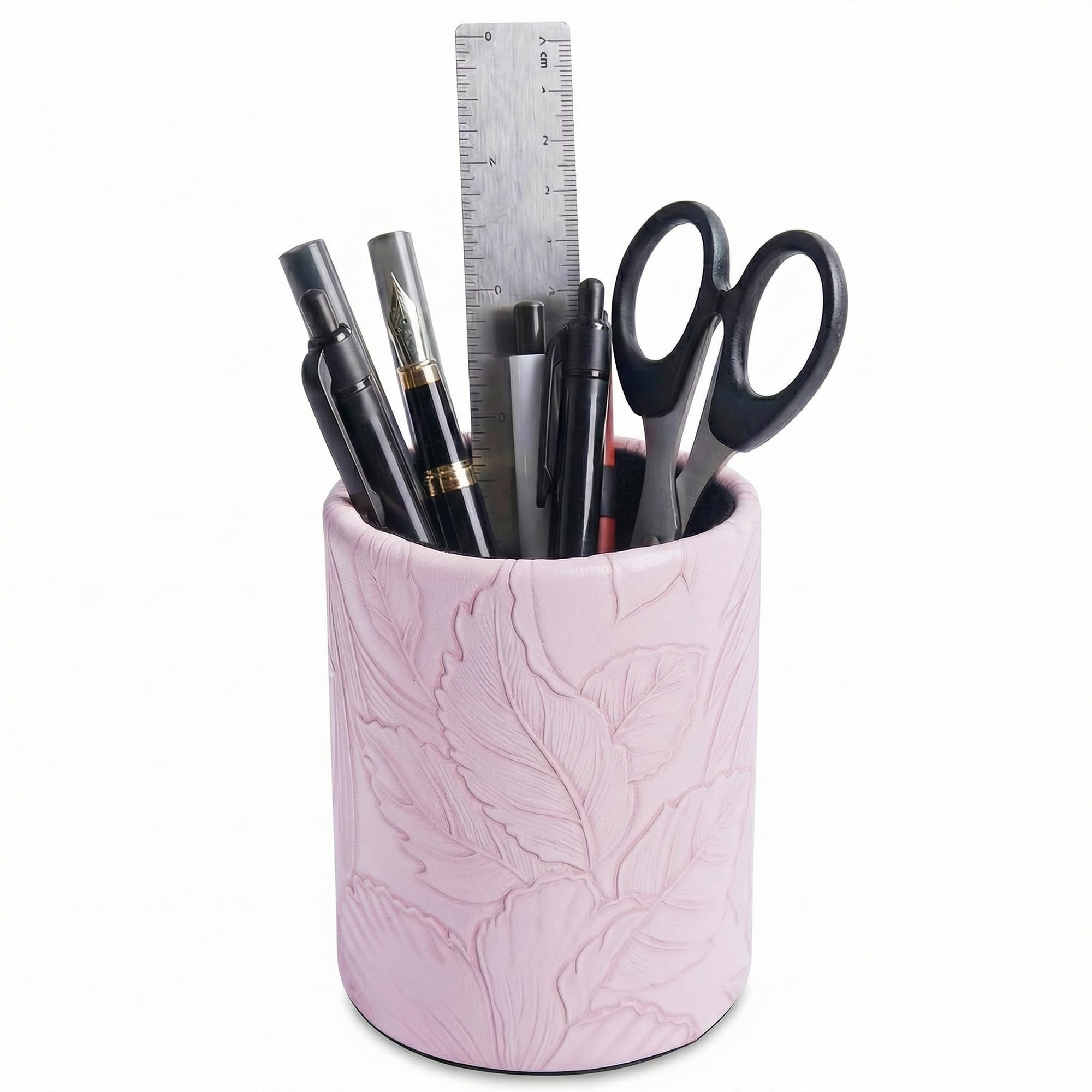 Czzmy PU Leather Pen Holder Round Flash Makeup Brush Holder Desktop Pencil Storage Holder Gift for Desk Office Classroom Home(1-Carved Purple)