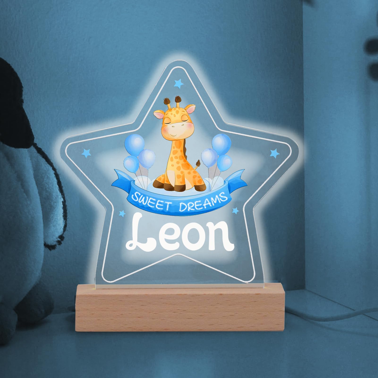 ZJZG Baby Night Light with Name, Blue Newborn Gifts Baby Boy, Personalised Acrylic LED Night Light for Baby Boys Nursery, Giraffe Nursery Bedside Table Light, Baby Sleep Light