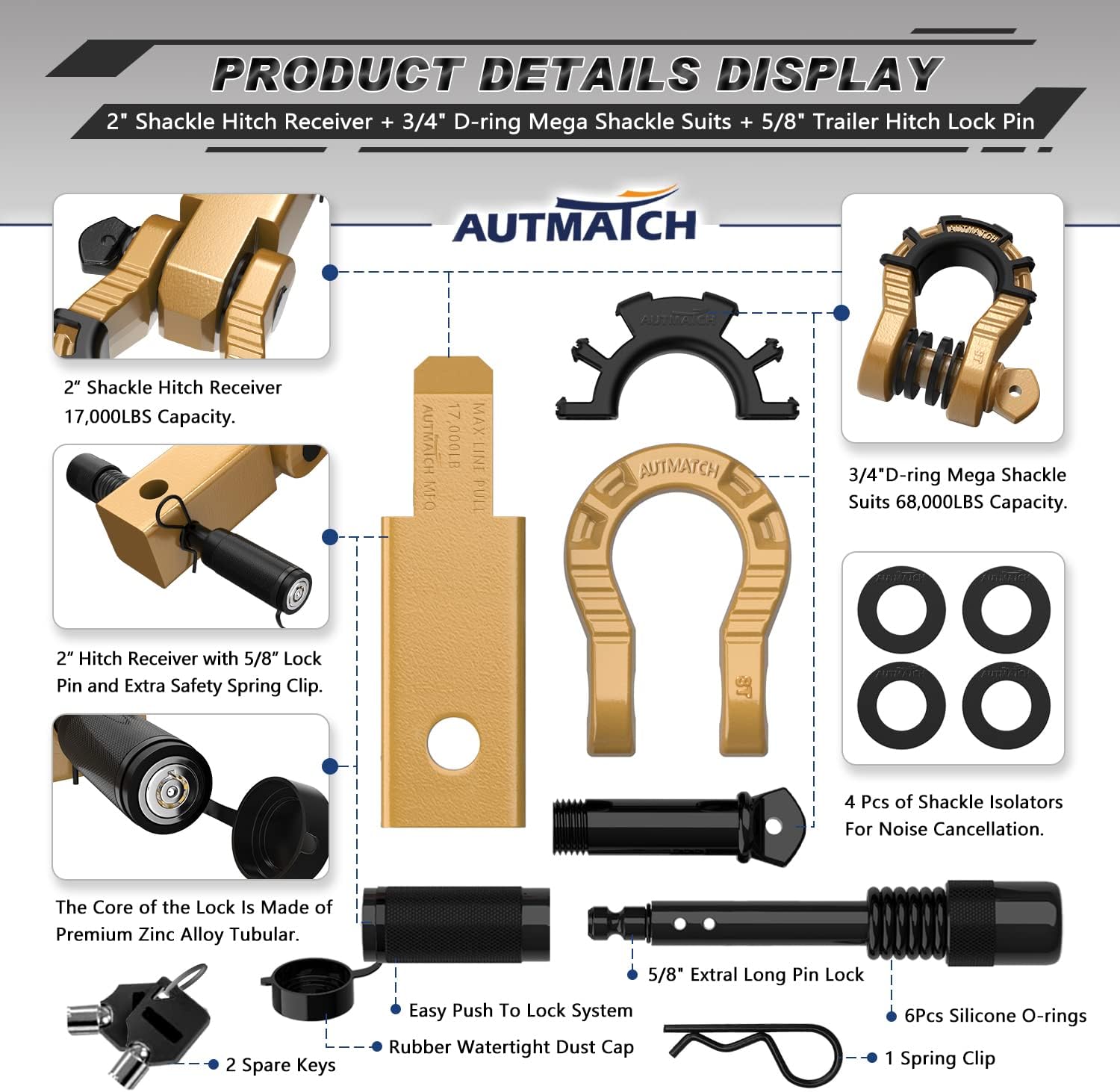 AUTMATCH Shackle Hitch Receiver 2" with 3/4" Mega D Ring Shackle and 5/8" Trailer Hitch Lock Pin, 68,000 Lbs Break Strength Heavy Duty Receiver Towing Kit for Off-Road Vehicle Recovery, Gold - Image 2