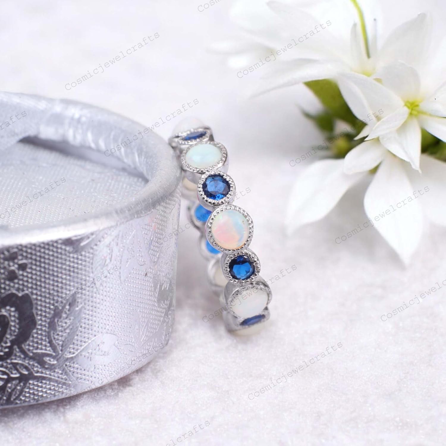 Blue Sapphire Opal Wedding Band 925 Sterling Silver Pave Set Eternity band Delicate Stacking Matching Band New Year Gift Customized Jewelry By COSMICJEWELCRAFTS