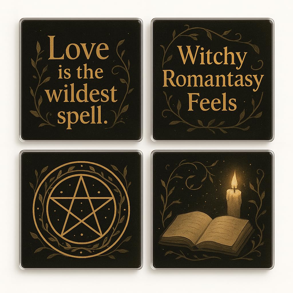 The Plum Penguin Divine Trials Acrylic Coaster Set Of 4 With Witchy Romantic Fantasy Design - Mystical Book Lover Decor For Enchanting Home Ambience