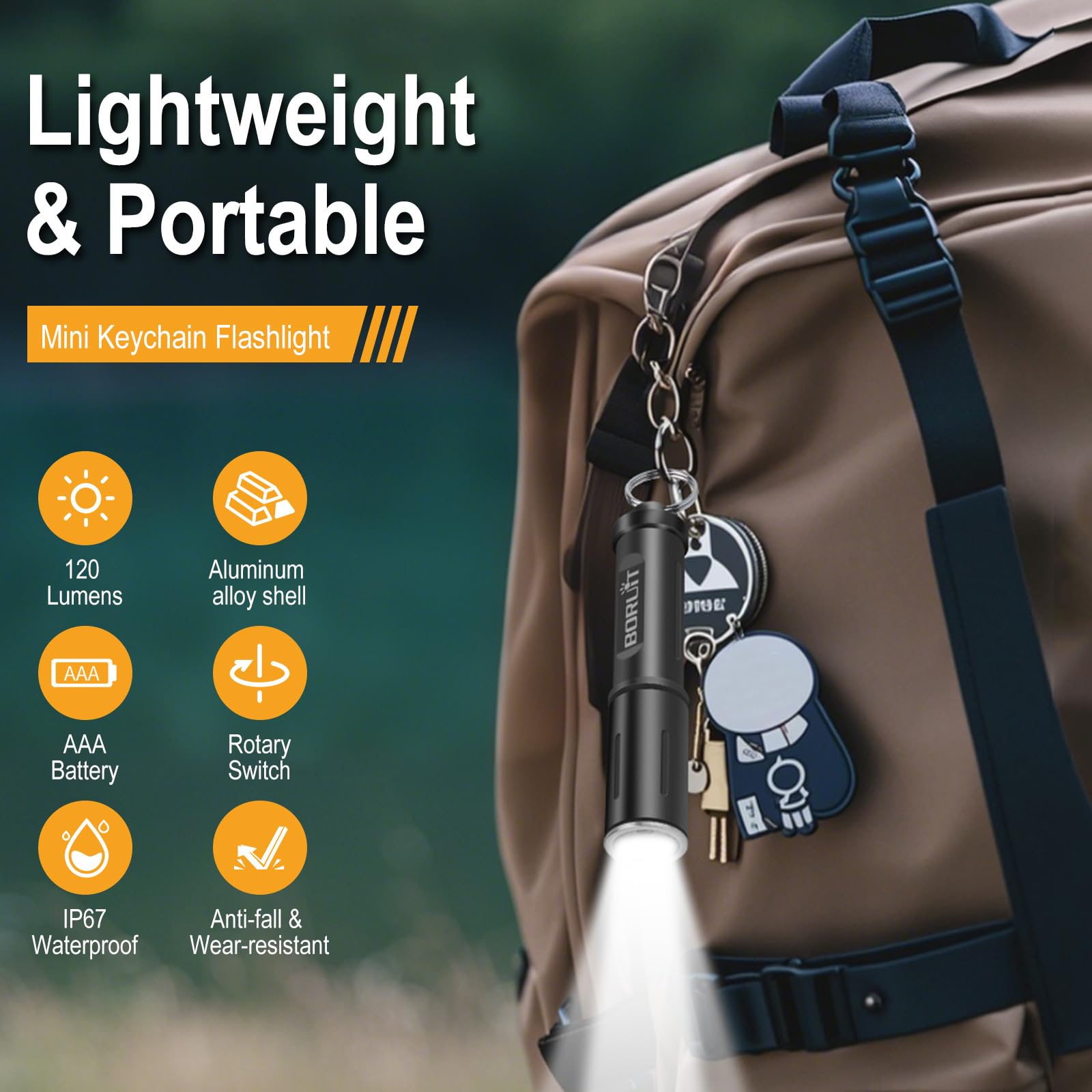 BORUIT RJ11 Torcia LED Potente Professionale 120 Lumen e 50m di Portata, Mini Torcia Bambini con Portachiavi, IP67 Impermeabile lampada Emergenza Portatile per Campeggio Escursionismo Caccia