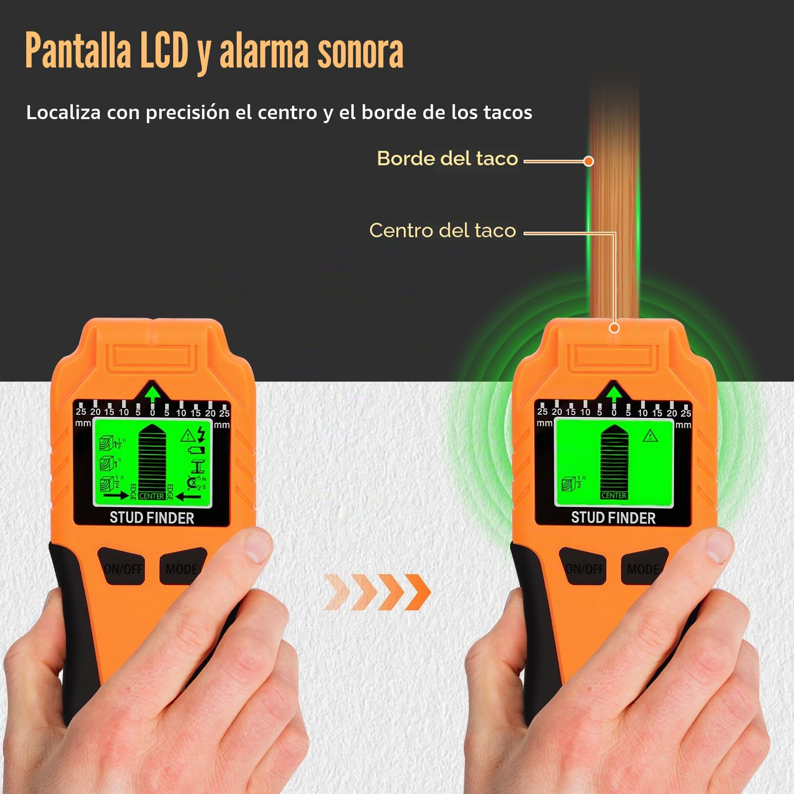 Detector Cables y tuberias 6-en-1 - Detector de Vigas Mejorado con Pantalla LCD y Alarma Sonora, Sensor de Pared Preciso para Madera, Metal y Cables Eléctricos (Naranja)