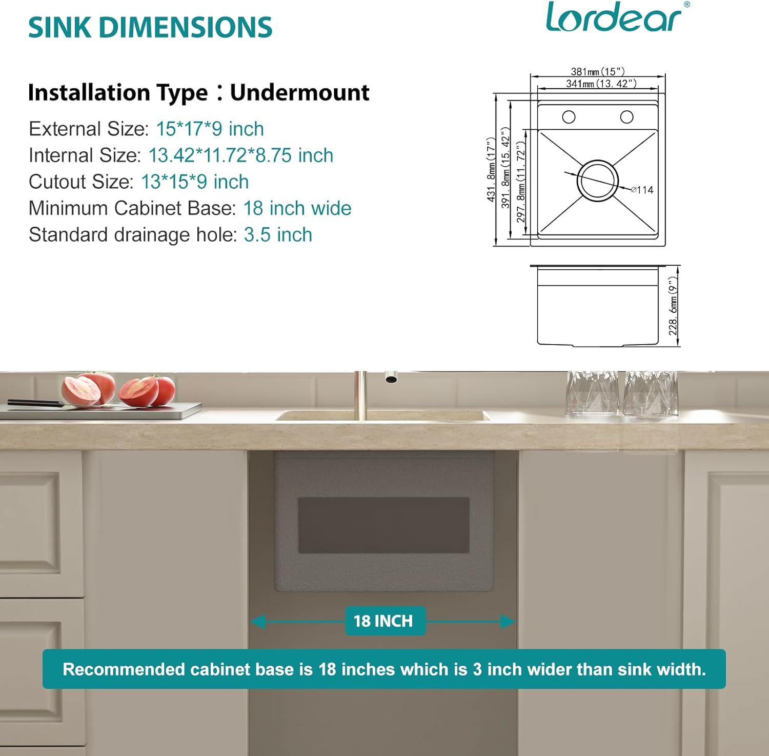 Lordear 15x17 Indoor Outdoor Kitchen Sink with Foldable Faucet Samll Bar Prep 16 Gauge T304 Stainless Steel Single Bowl Basin for Island Camper Wet Bar Prep Mobile Home