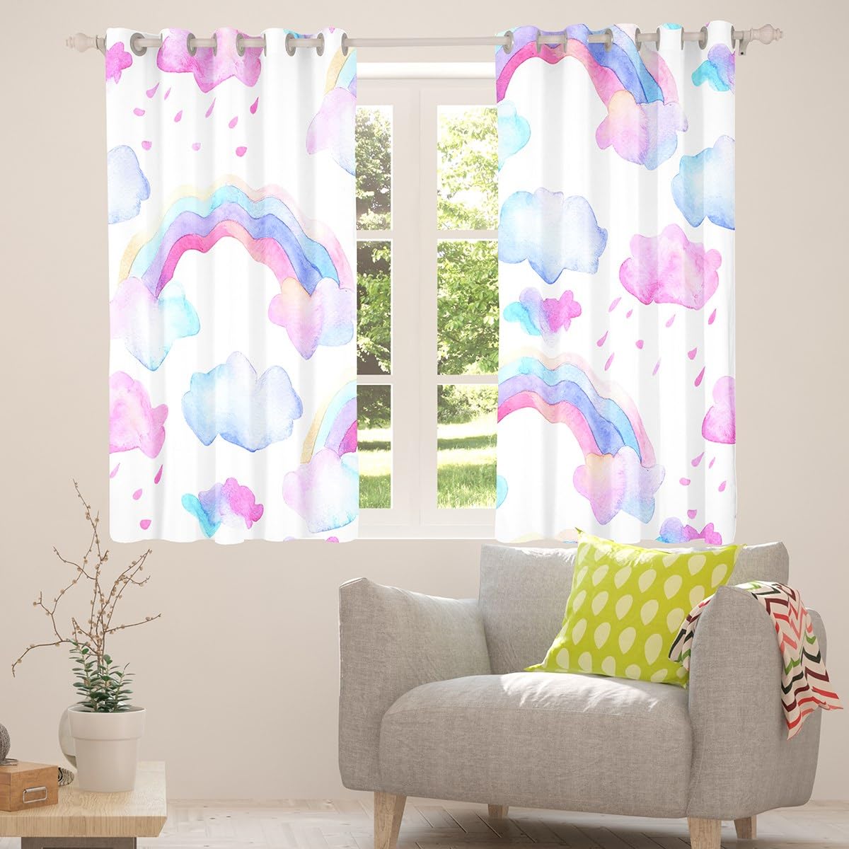 Manfei Rainbow Blackout Curtain Watercolor Rainbow Clouds Rain Window Treatments - Image 4