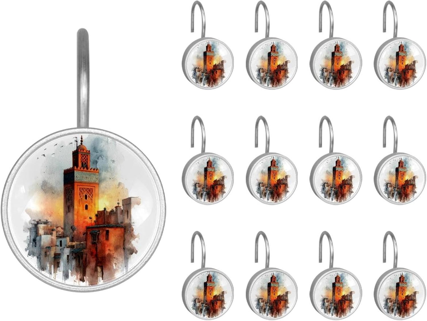 12PCS Watercolor Moroccan Shower Curtain Hooks Rings for Bathroom, Decorative Shower Curtain Hooks Rods Curtains and Liner